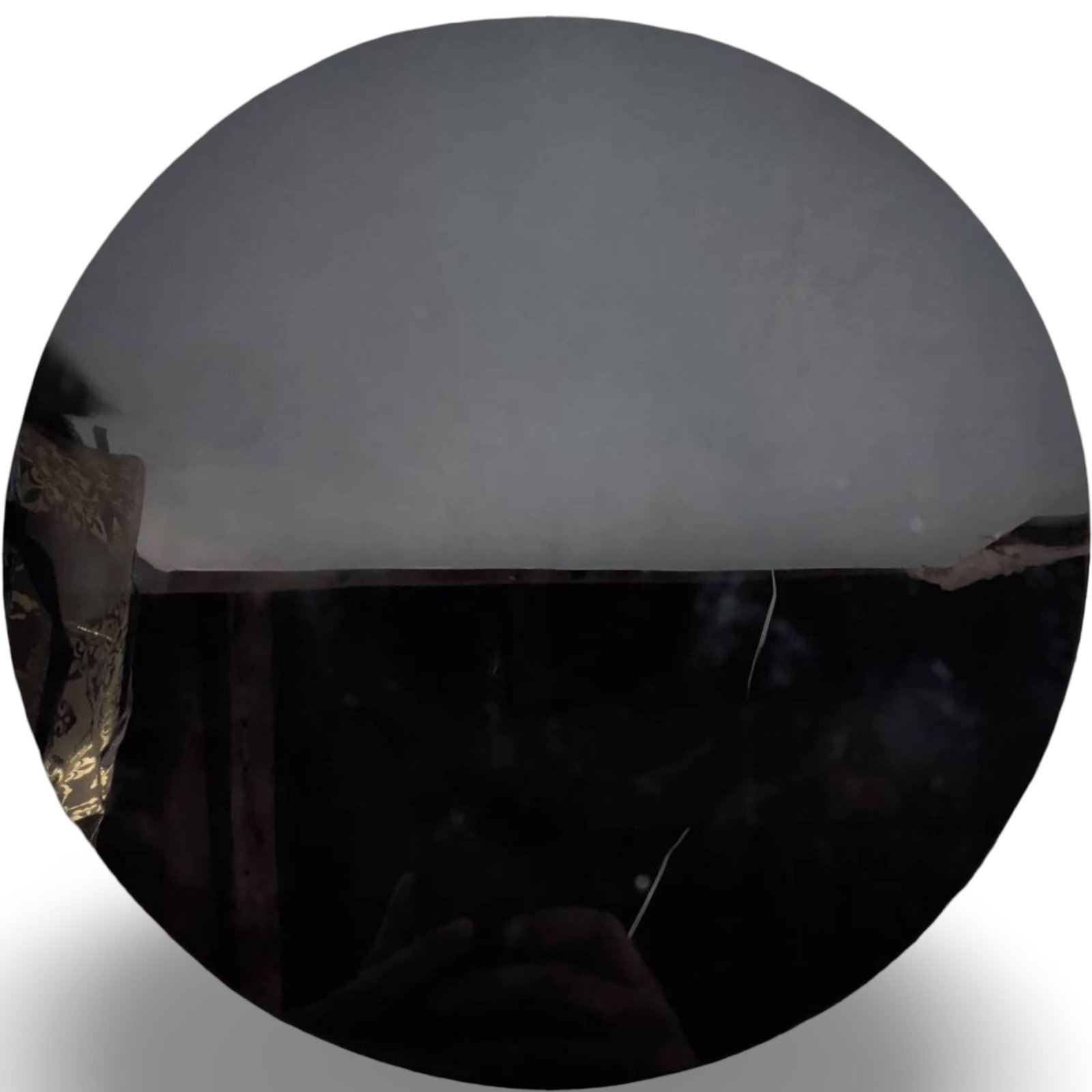 Black Amethyst Glass Paint Plate, 9 3/4 Inches in Diameter: Circular black amethyst glass plate measuring approximately 9 3/4 inches in diameter. The plate features a reflective finish on one side and a textured surface on the reverse side. Exhibits wear consi