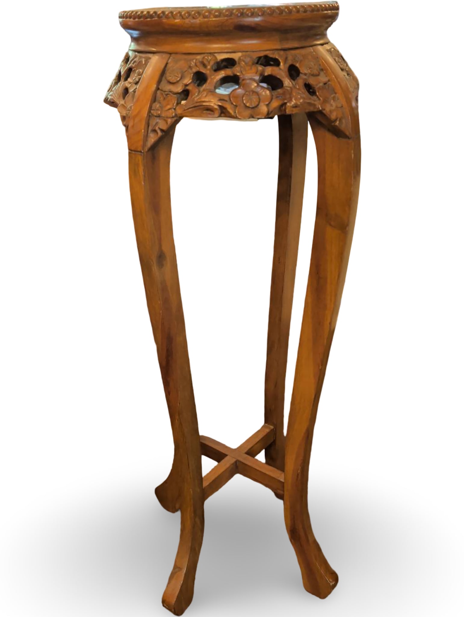 Carved Asian Style Wooden Plant Stand, 36 in Tall, 11 in Diameter: A carved Asian-style wooden plant stand featuring intricate cutwork and curved legs connected by a cross-stretcher. The stand measures 36 inches tall with a circular top measuring 11 inches in diamete