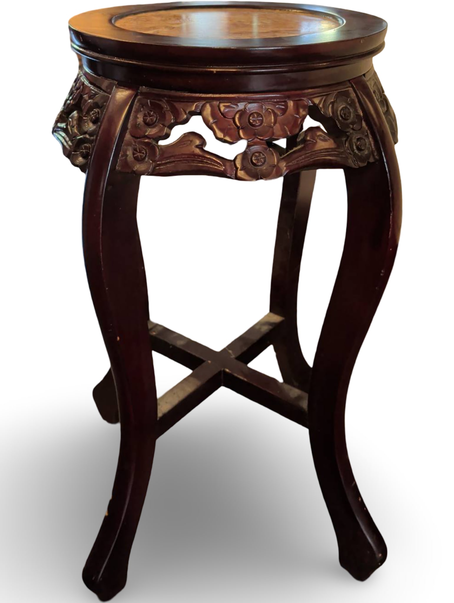 Asian-Style Wooden Pedestal Stand with Marble Insert: Asian-style wooden pedestal stand featuring intricate carved floral and scrollwork details on the apron. The top includes a marble insert measuring approximately 12 inches by 24 inches. The stand rest