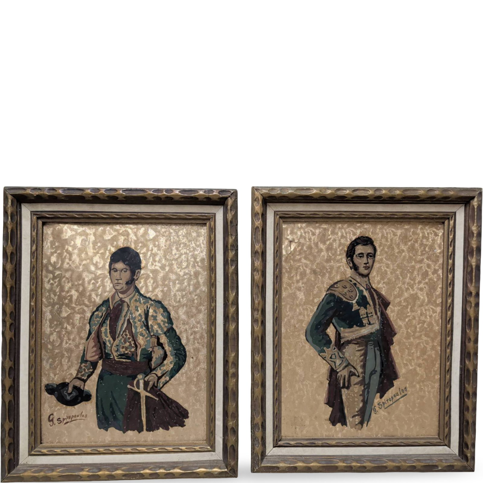 Framed Spanish Bullfighter Paintings, Signed by G. Sanjulian, 20 x 16 Inches: Two framed paintings depicting Spanish bullfighters, signed by the artist G. Sanjulian. Each painting measures 20 inches by 16 inches and features detailed depictions of bullfighters in traditional at