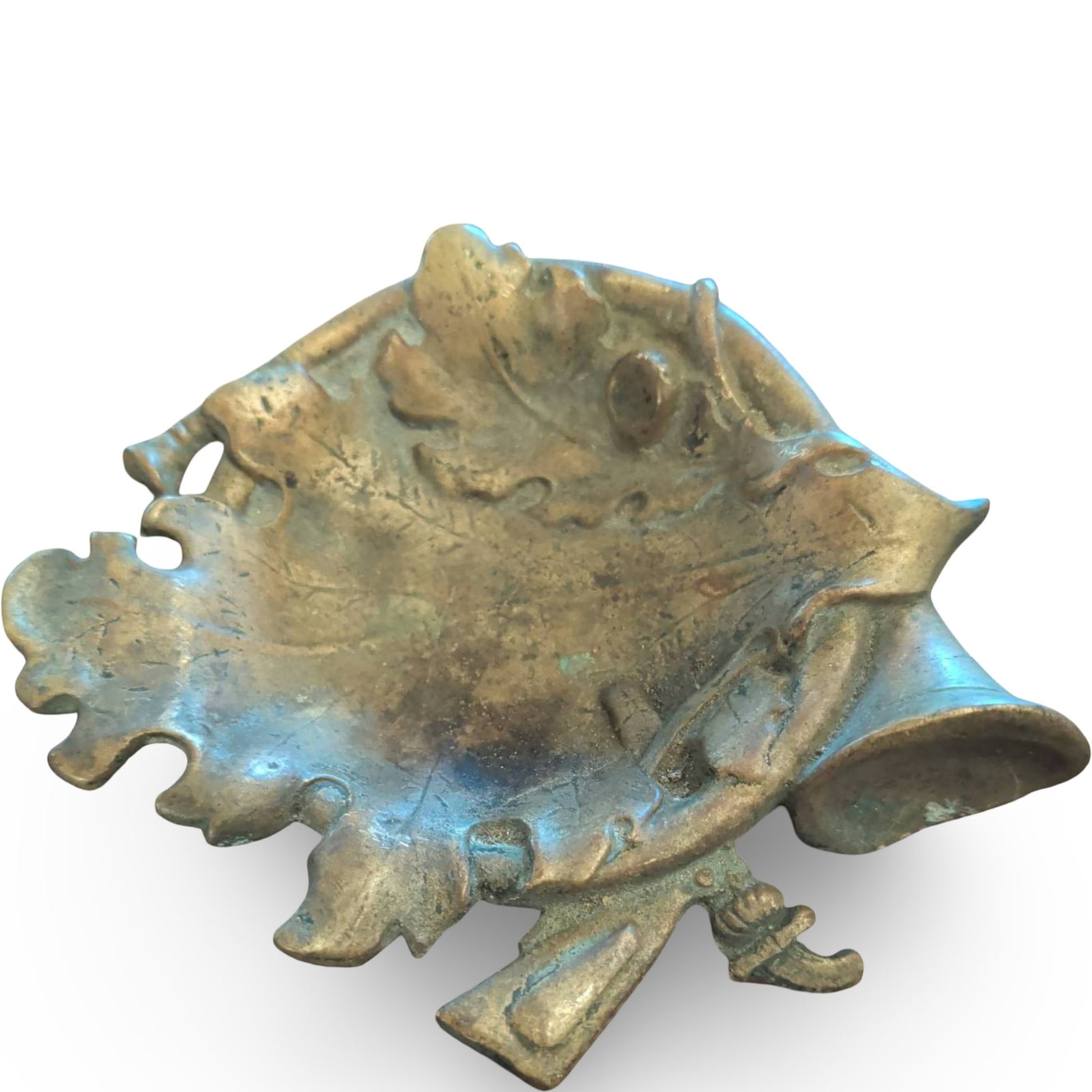 Brass Oak Leaf Calling Card Dish with Horn Motif, 5 1/2 in x 5 in: Brass calling card dish featuring an oak leaf design with an integrated horn motif. The sculptural dish has a raised rim with a textured underside resting on four small feet. Measuring approximately 5