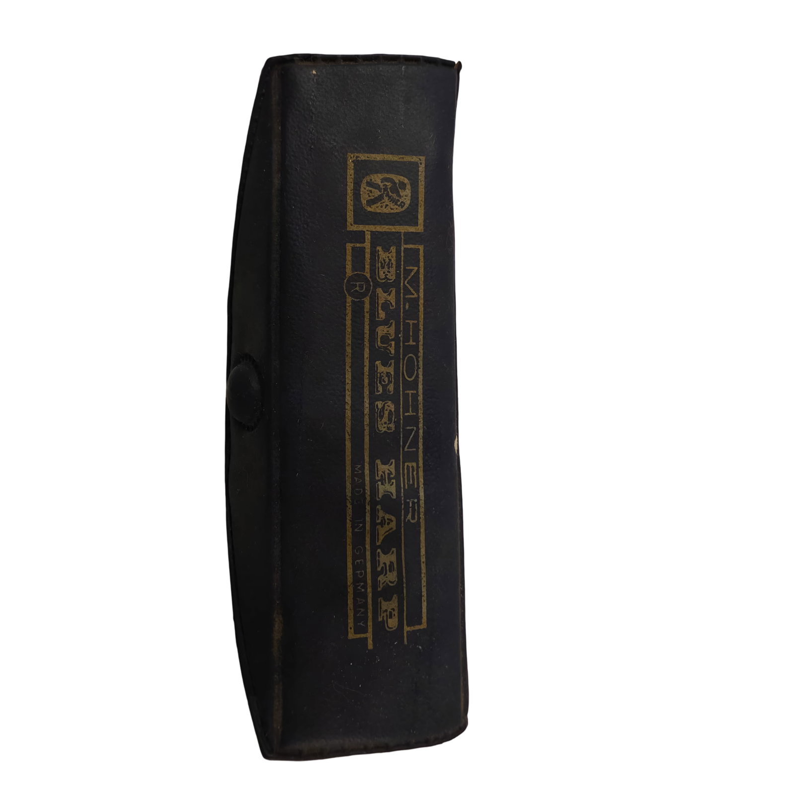 M. Hohner Marine Band Harmonica in Original Case: M. Hohner Marine Band harmonica featuring a chrome-plated design with intricate engravings on the front and back plates. Marked with branding and award medallions. Includes the original blue