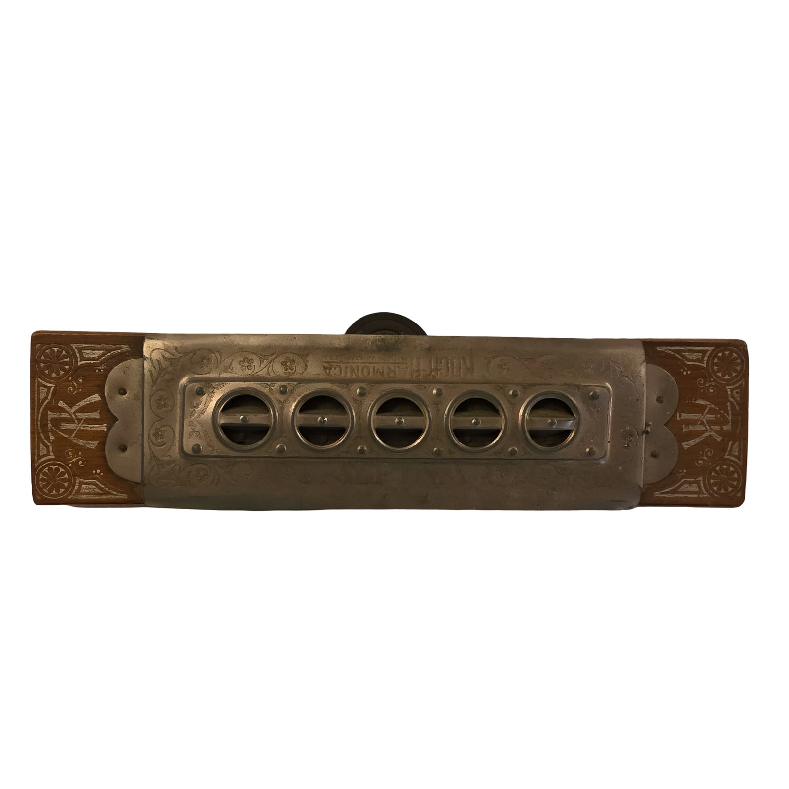 Vintage Metal and Wood Treadle Sewing Machine Shuttle Holder: Metal shuttle holder for a treadle sewing machine, featuring a rectangular metal center piece with five cut-out slots. The ends are decorated with etched wooden panels. Likely an accessory or