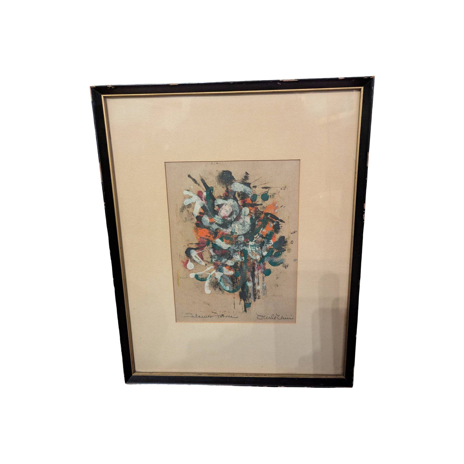 Abstract Flower Forms by Signed Artist, 16 in. x 13 in.: Abstract artwork depicting flower-like forms in a mix of bold colors and textures. Signed by the artist on the lower margin. Dimensions are 16 inches by 13 inches. Displayed in a rectangular frame und