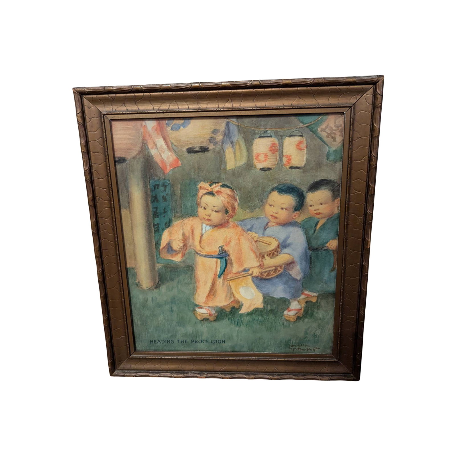 Esther Hunt 1911 Watercolor â€˜Heading the Processionâ€™ in Turn of: Original 1911 watercolor by Esther Hunt titled 'Heading the Procession,' depicting a trio of children in traditional attire under decorative lanterns. The artwork measures 14 1/2 in. x 16 1/2 in., whi