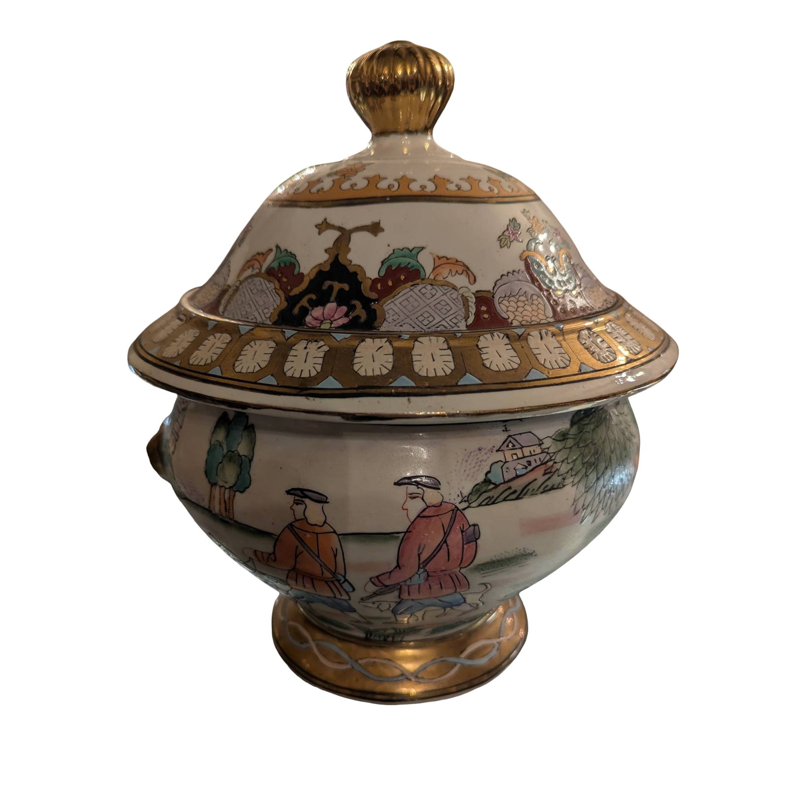 Lidded Porcelain Tureen with Hand-Painted Scenic Motifs and Gilt Accents: Lidded porcelain tureen featuring hand-painted scenic motifs of figures, landscapes, and foliage. Decorated with gilt accents, including a gold-tone finial on the lid and details on the base and handl