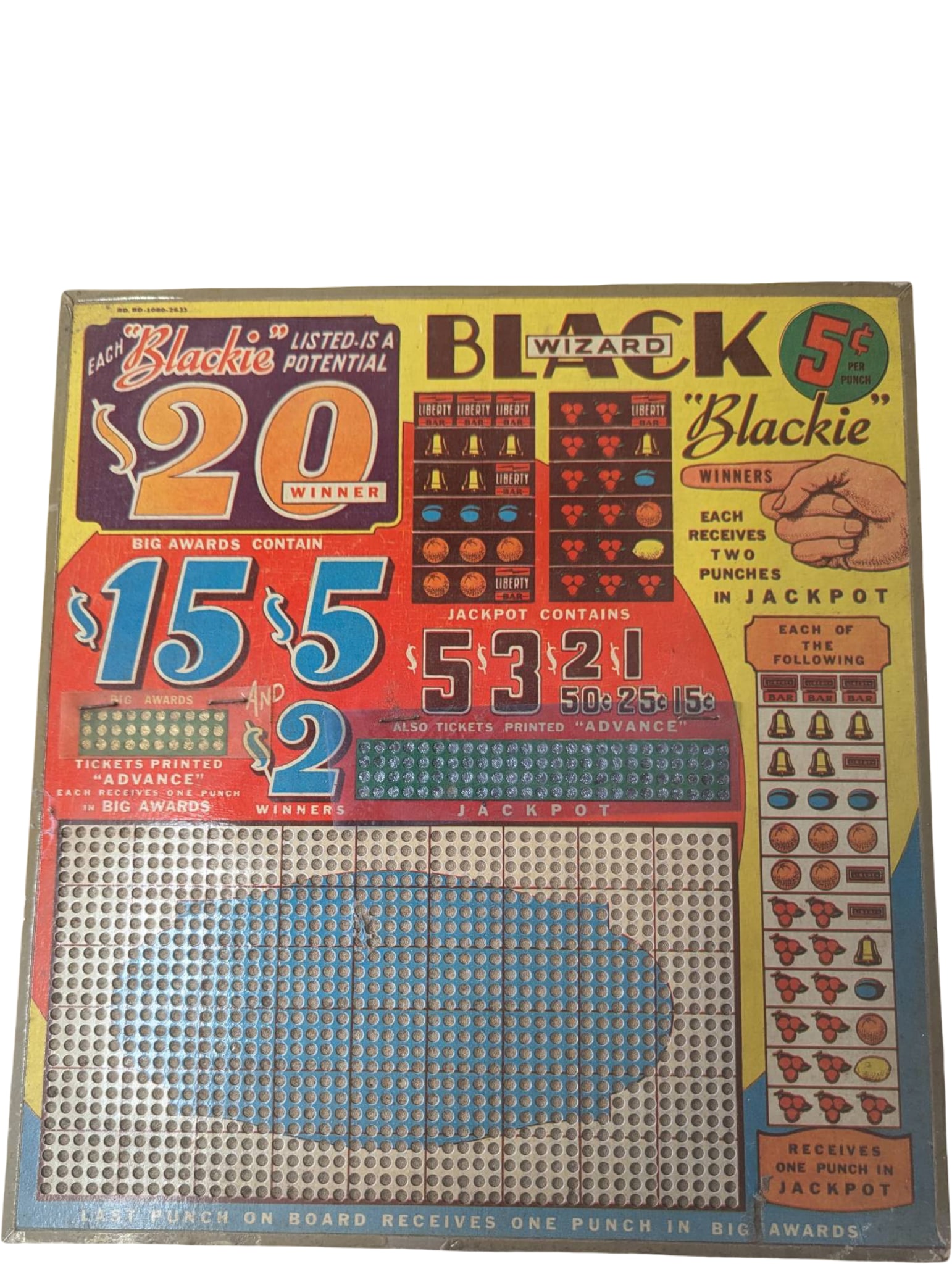 Blackie Punch Board Game with Jackpot Prizes, 13 1/4 x 12 1/4 x 1 in.: Vintage-style Blackie punch board game with a colorful design and detailed jackpot prize matrix. Measures 13 1/4 inches by 12 1/4 inches by 1 inch. Includes instructions and prize listings affixed to 