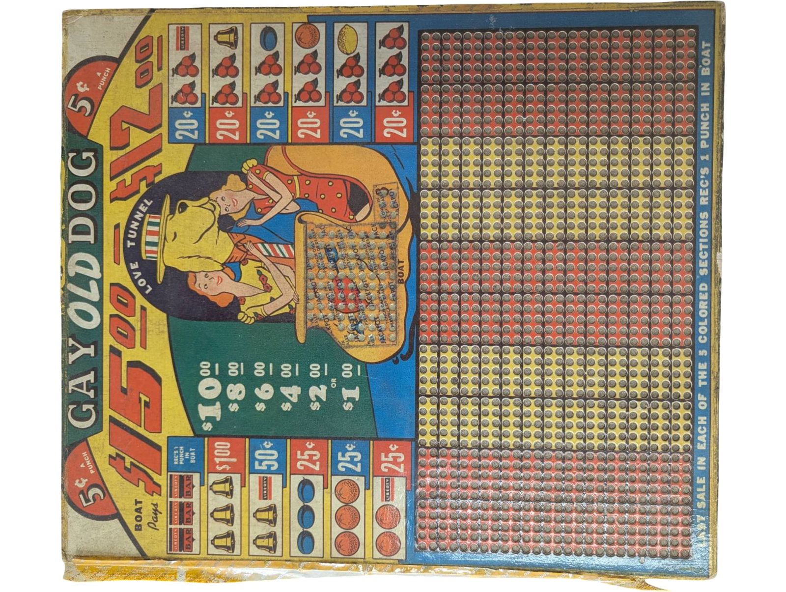 Gay Old Dog 5-Cent Punch Board Game, 13 1/4 x 12 1/4 x 1 in: Vintage Gay Old Dog punch board game, measuring 13 1/4 by 12 1/4 by 1 inch. Features brightly colored graphics and text with detailed instructions for use. Reverse side includes two labels marked ‘P