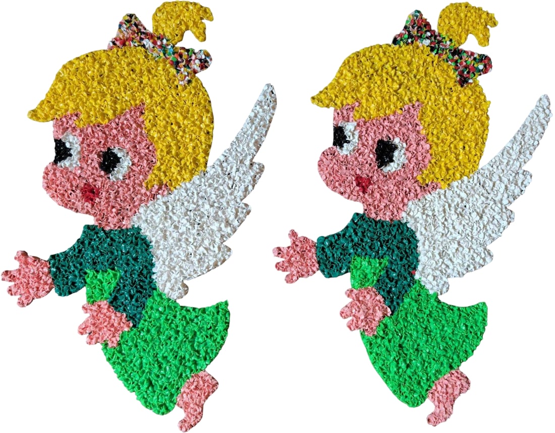 Vintage Melted Plastic Popcorn Wall Decor Angels with Wings and Blonde Hair: 21-inch hanging decorations made from vintage melted plastic popcorn material, depicting angels with blonde hair, white wings, and festive green and red accents. Lightweight and ideal for wall mountin