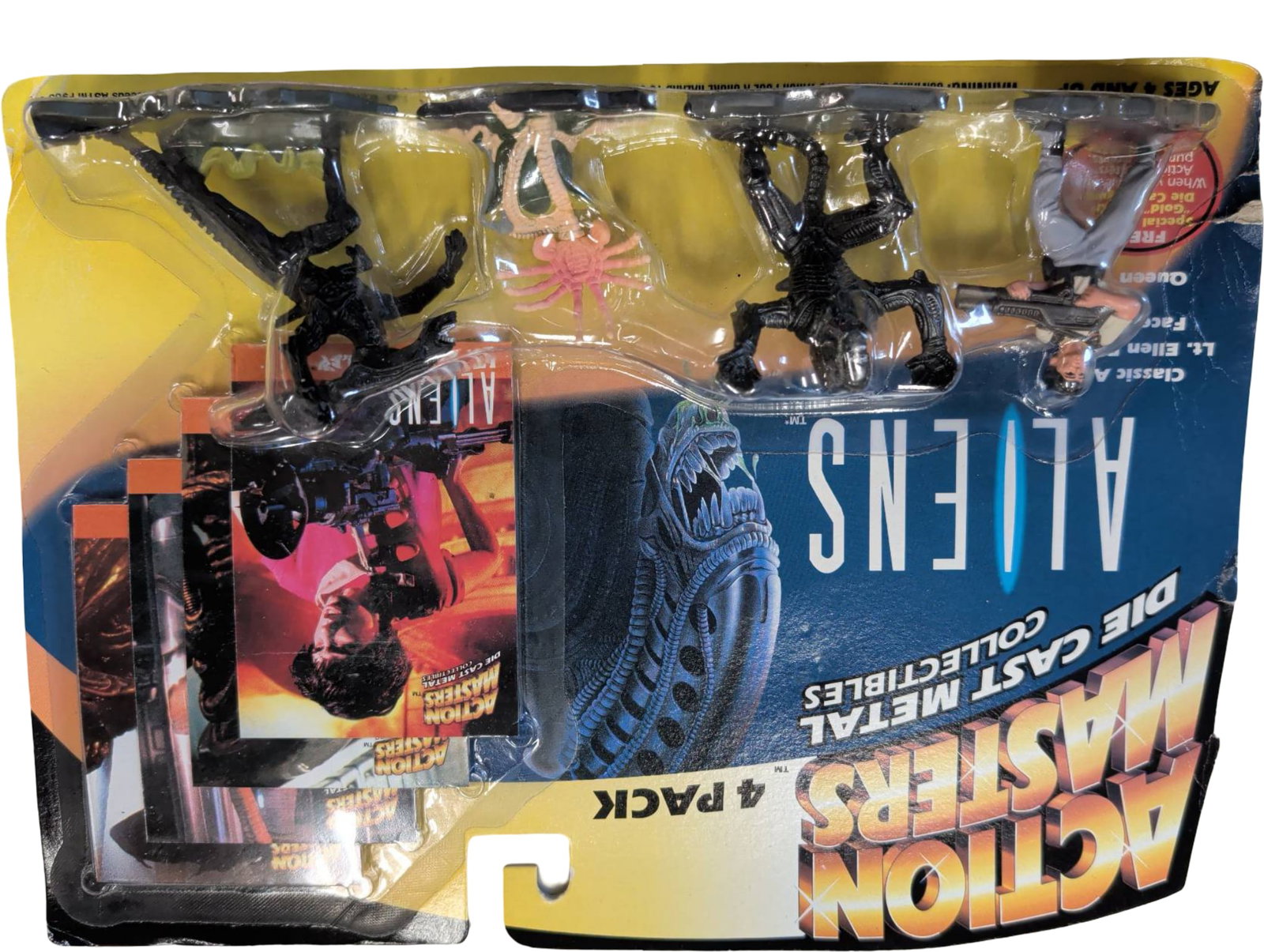 Action Masters Aliens Die-Cast Metal Collectibles 4-Pack in Original Packaging: Action Masters 4-pack featuring die-cast metal figures from the Aliens series. Original carded packaging shows wear, including creases and visible deformation but is mostly intact. Includes four figur