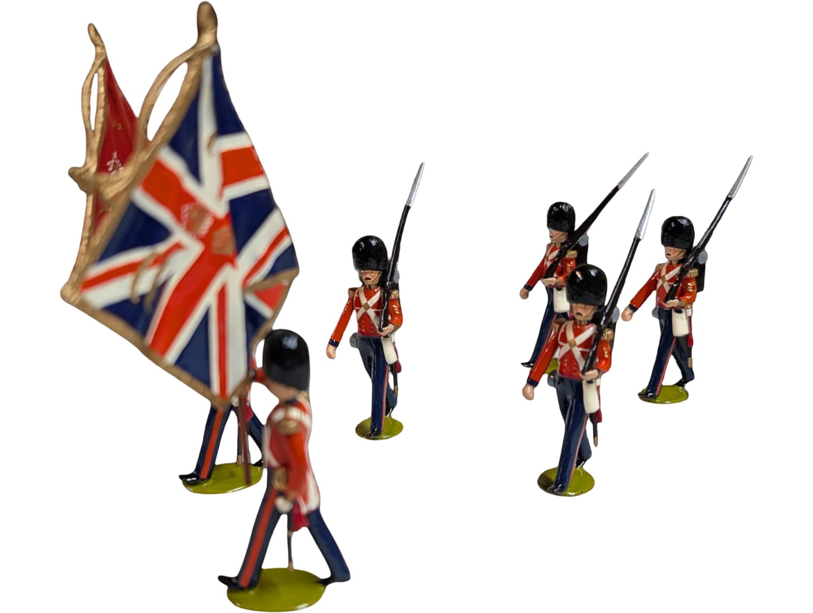 Imperial Collectors Figures Depicting British Soldiers with Flags: Six approximately 2 1/2-inch tall metal figures by Imperial Collectors Figures. Includes four soldiers with rifles and two carrying regimental flags, one in Union Jack design and the other in a red re