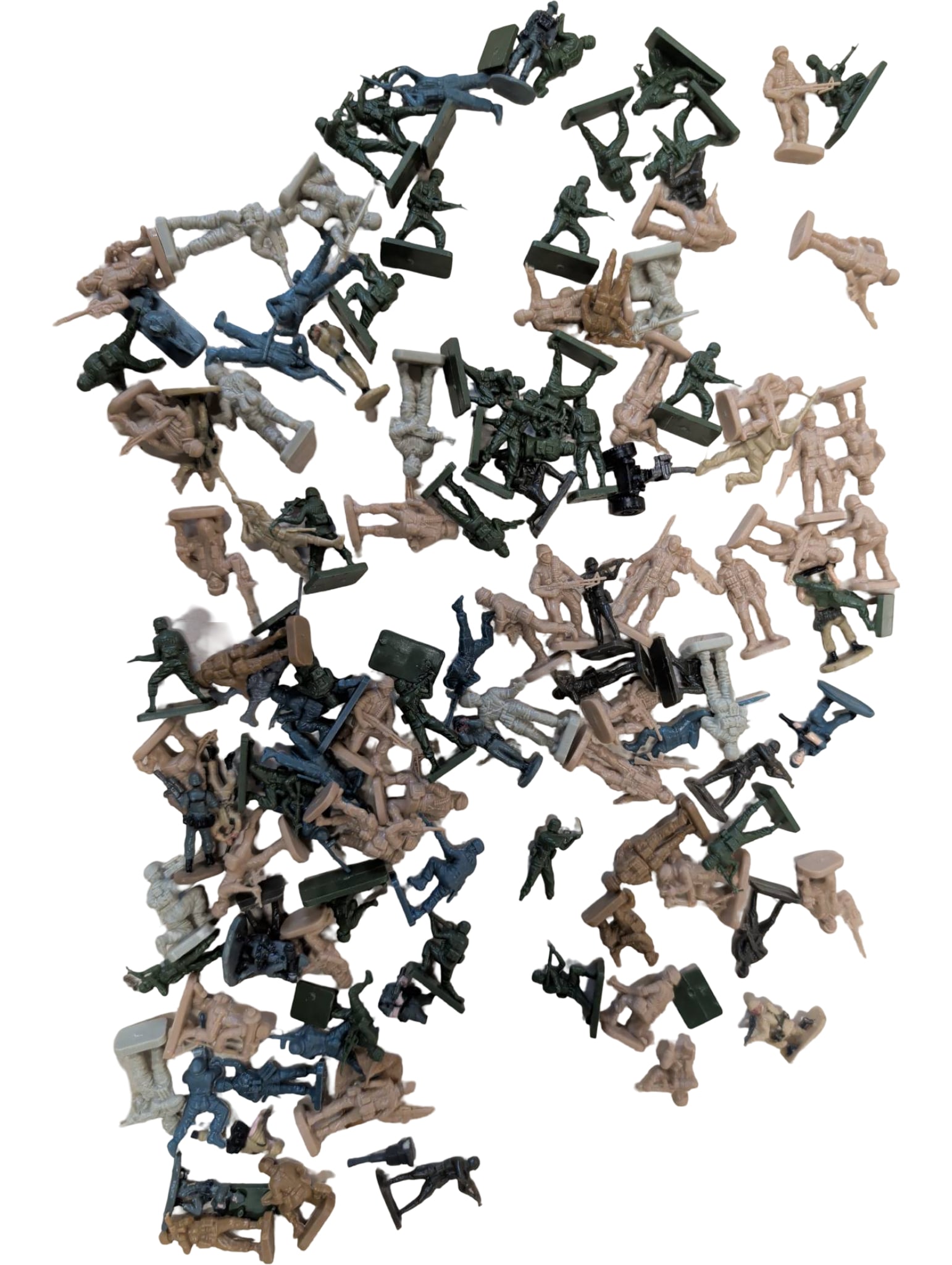 Plastic Toy Soldier Figurines in Various Poses micro machine soldiers: Plastic toy soldier figurines in blue, green, and beige colors. Each figure portrays different military poses and weaponry. Likely from a generic line of toy soldiers. Sold as a bulk lot. Some figurin