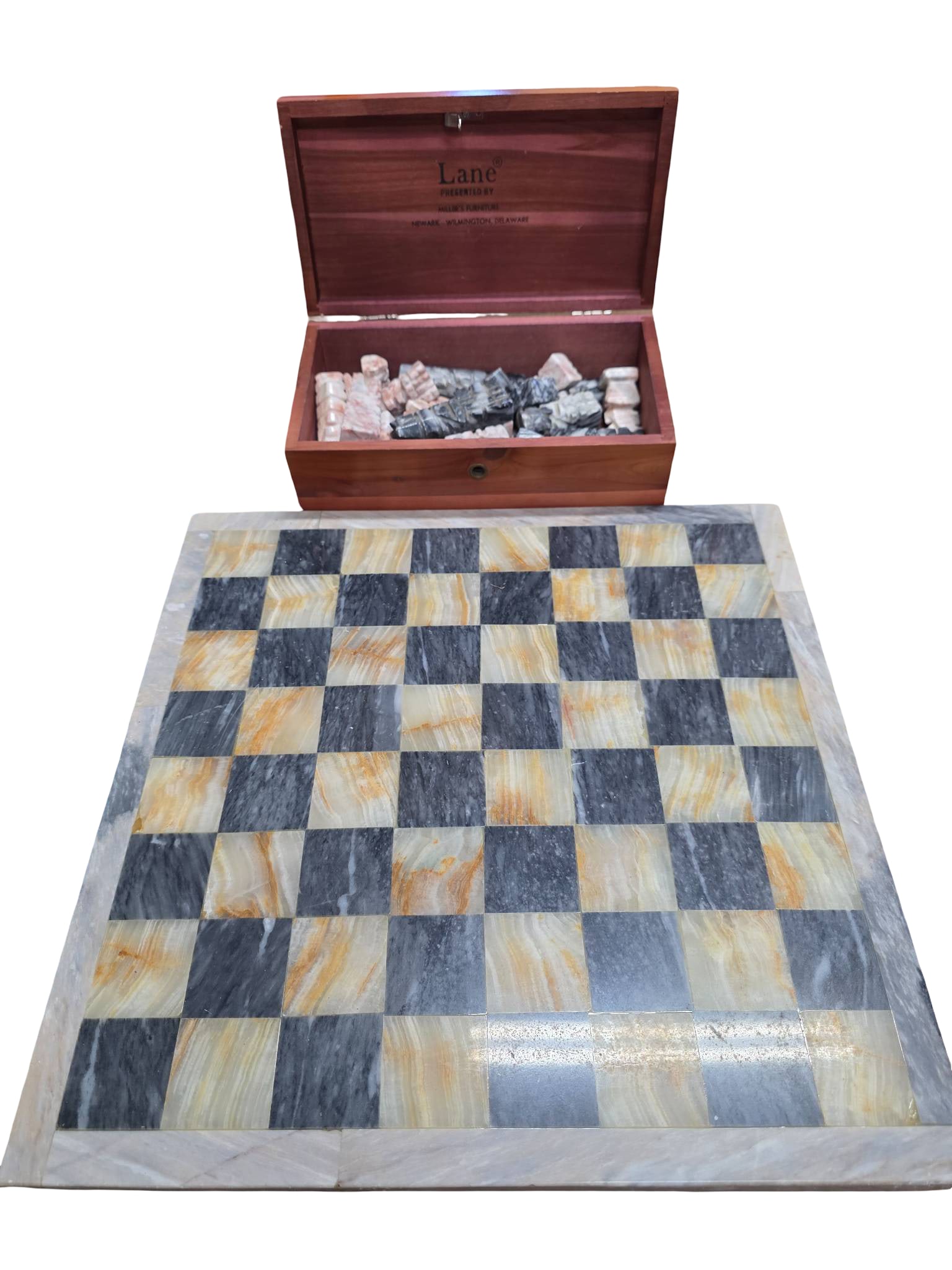 Marble Chess Set with Decorative Wooden Storage Box: Marble chess set featuring a polished board with alternating light and dark marble squares. Includes intricately carved marble chess pieces in various shades of pink and dark gray. The set is accompan