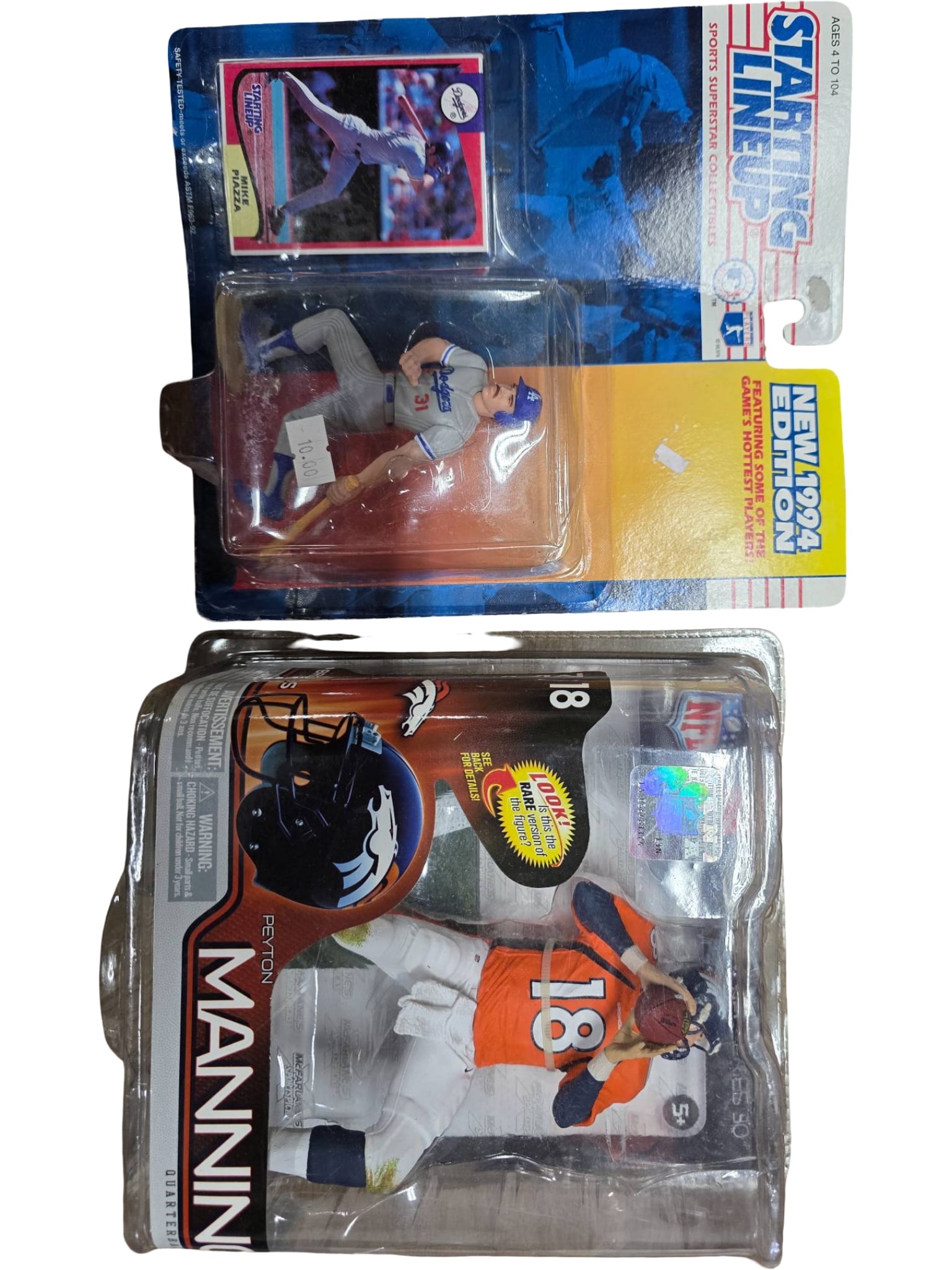 Two Action Figures: Starting Lineup 1994 Edition Mike Piazza and Peyton Manning NFL Figure: The lot includes two collectible action figures in original packaging. The first is a 1994 Starting Lineup figure featuring Mike Piazza of the Los Angeles Dodgers, complete with a collectible trading 