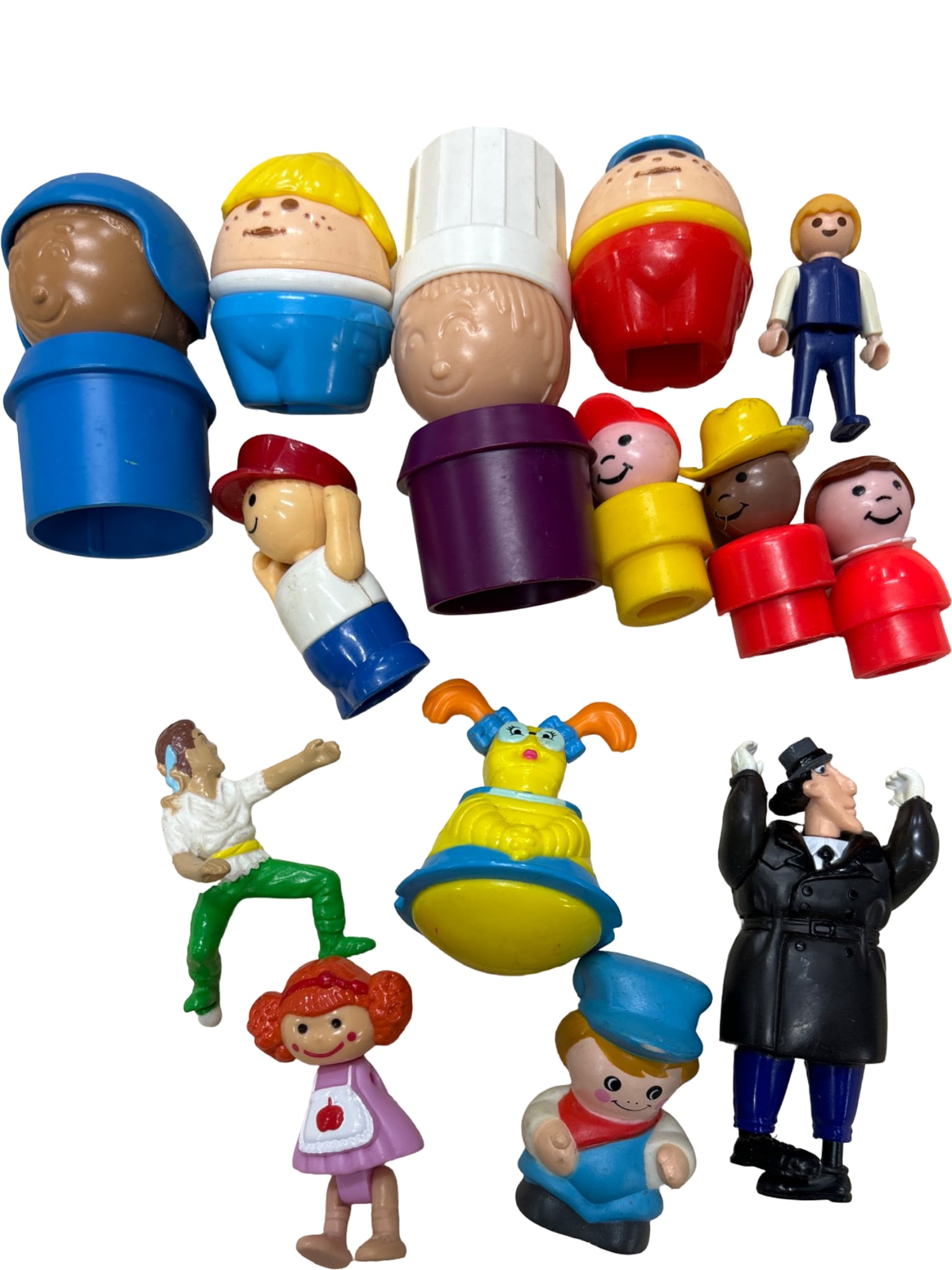 Vintage Fisher-Price Little People and Accessories: Vintage Fisher-Price Little People figures and accessories, including various characters such as a chef, child figures, and an assortment of colorful bodies and heads. Some pieces are detachable and m
