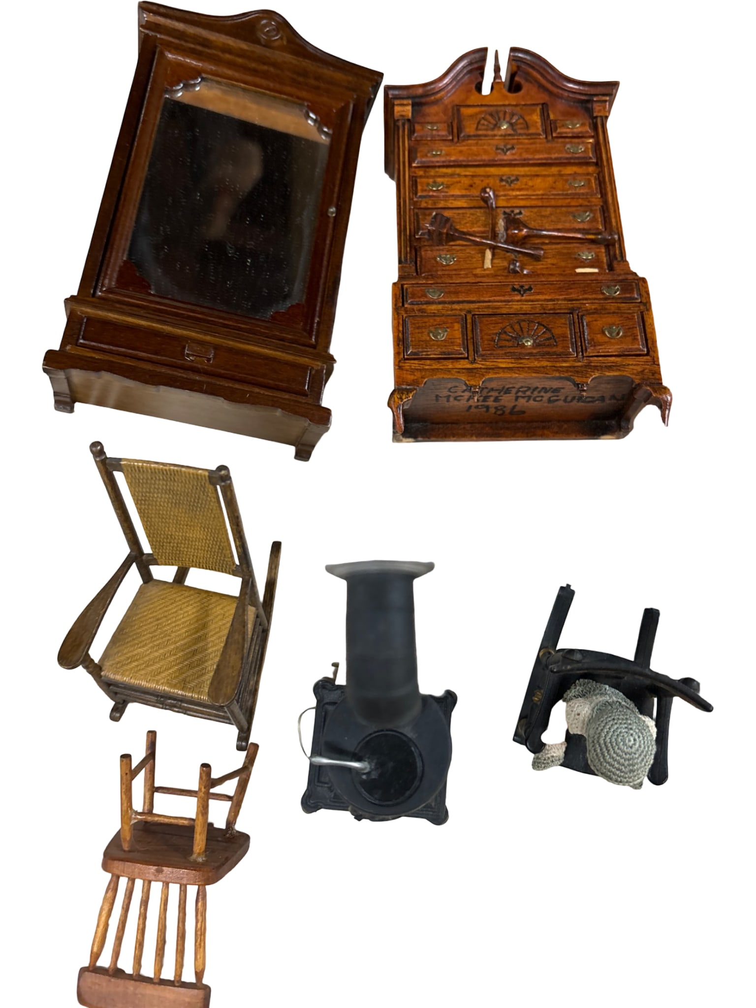 Miniature Wooden Furniture and Accessories, Signed 1986 (1 of 6)