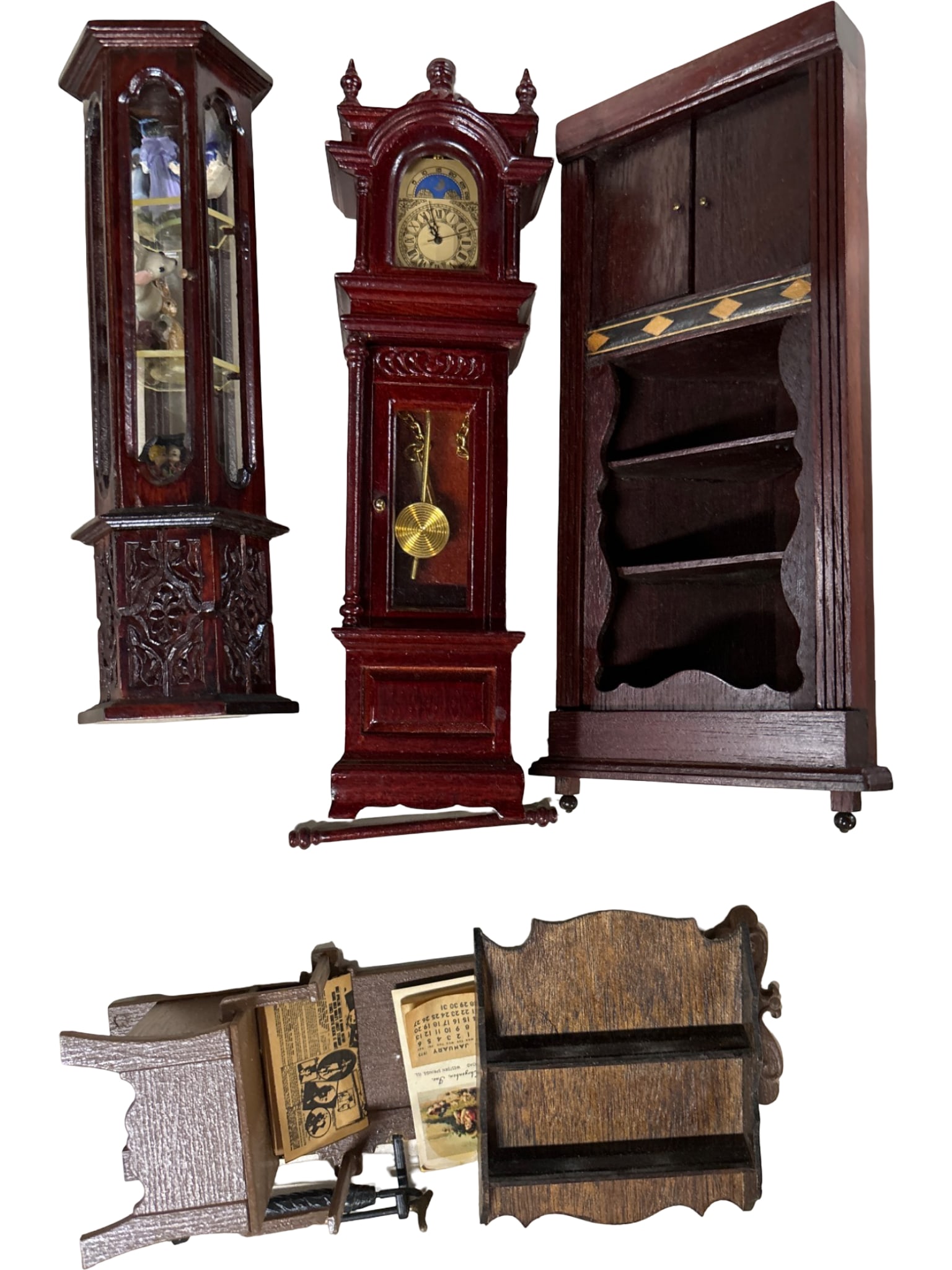 Miniature Wooden Furniture with Grandfather Clock and Curio Cabinet (1 of 7)