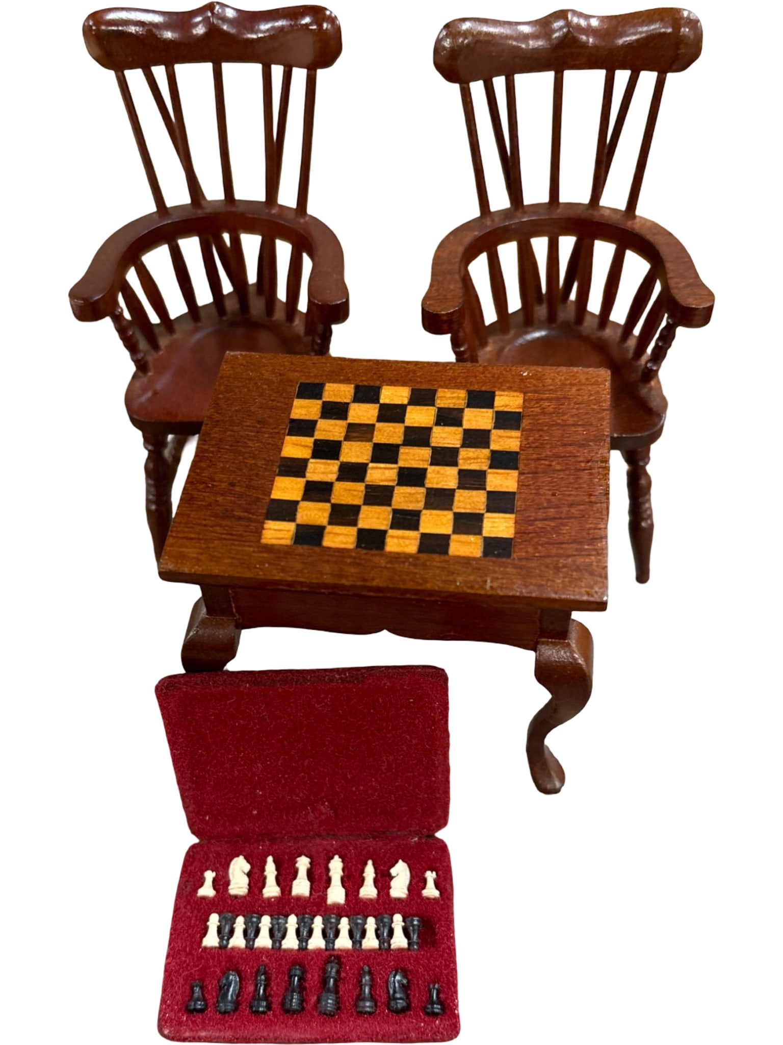 Miniature Chess Set with Table and Two Chairs, Made in Taiwan (1 of 4)