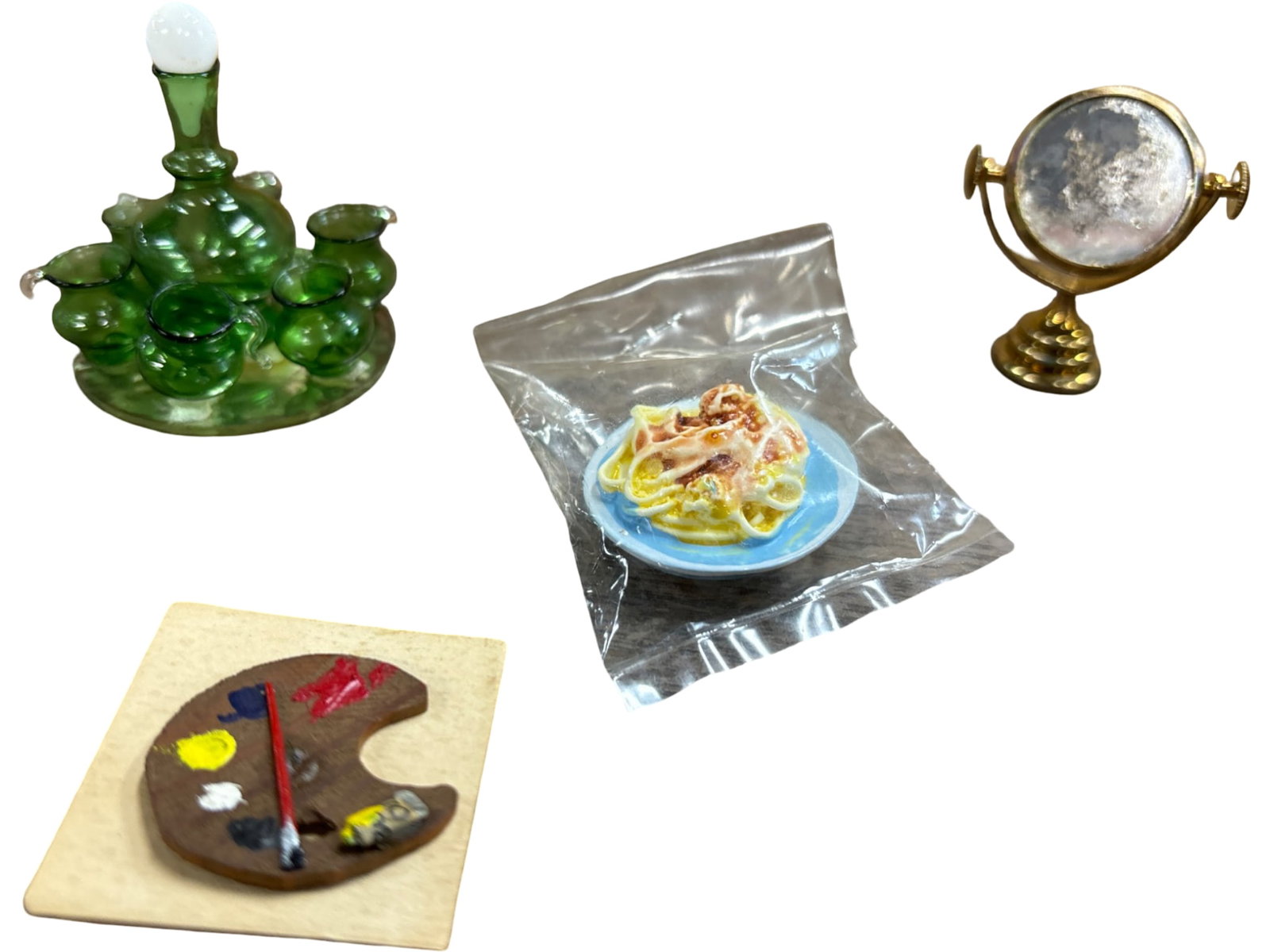 Four Miniature Collectibles Including Decanter, Globe, Palette, and Plate of Pasta (1 of 7)