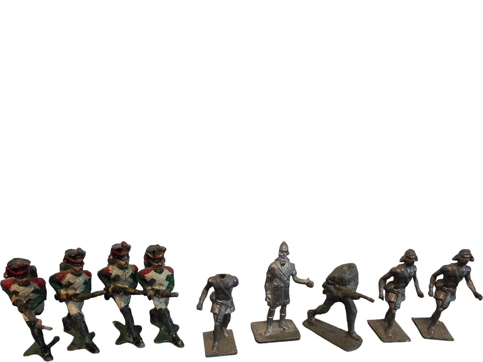 Nine Painted and Unpainted Metal Soldier Figurine and Seven Mini Metal Soldiers: Metal soldier figurines, including both painted and unpainted examples, depicting various historical uniforms and poses. The lot includes group formations and individually posed pieces. Items show