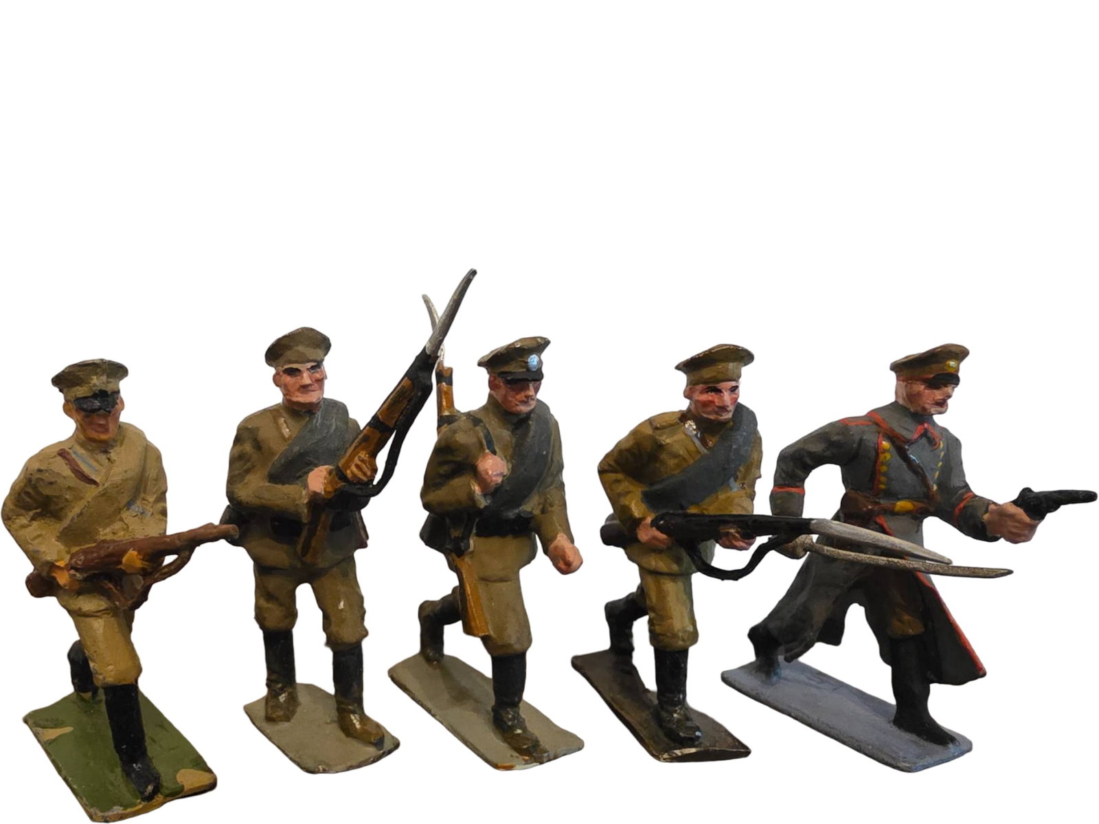 Five Hand-Painted Metal Military Figurines in Uniform: Five hand-painted metal figurines depicting soldiers in various military uniforms. Each figure is depicted in an action pose, holding rifles or swords, and mounted on flat bases for stability. Some