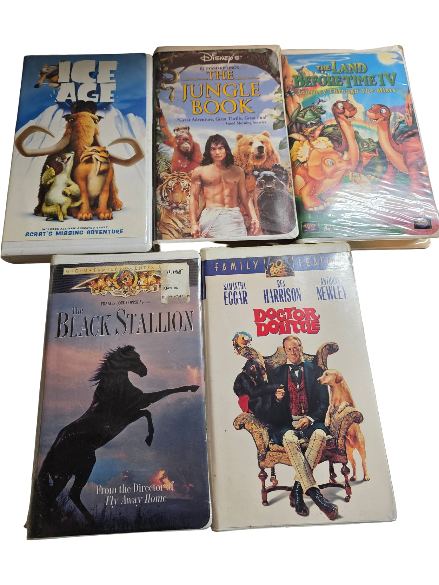 Five Family and Adventure VHS Tapes: Five VHS tapes featuring family and adventure titles, including ‘Ice Age,’ Disney’s ‘The Jungle Book,’ ‘The Island of Dr. Moreau,’ ‘The Black Stallion,’ and ‘Doctor Dolittle.’