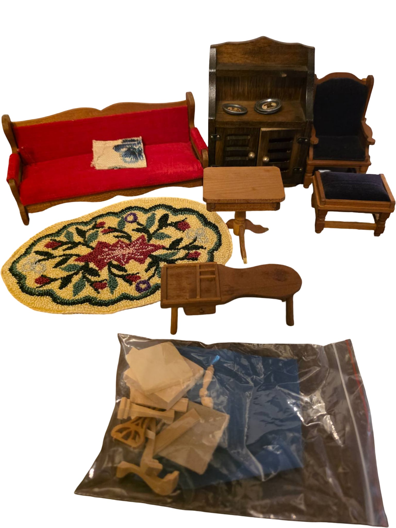 Dollhouse Miniature Furniture and Accessories by The House of Miniatures: Dollhouse miniature wooden furniture and accessories, featuring a red-upholstered sofa, side chair with ottoman, multicolored rug, two tables, and a hutch with accessories. Includes The House of Minia
