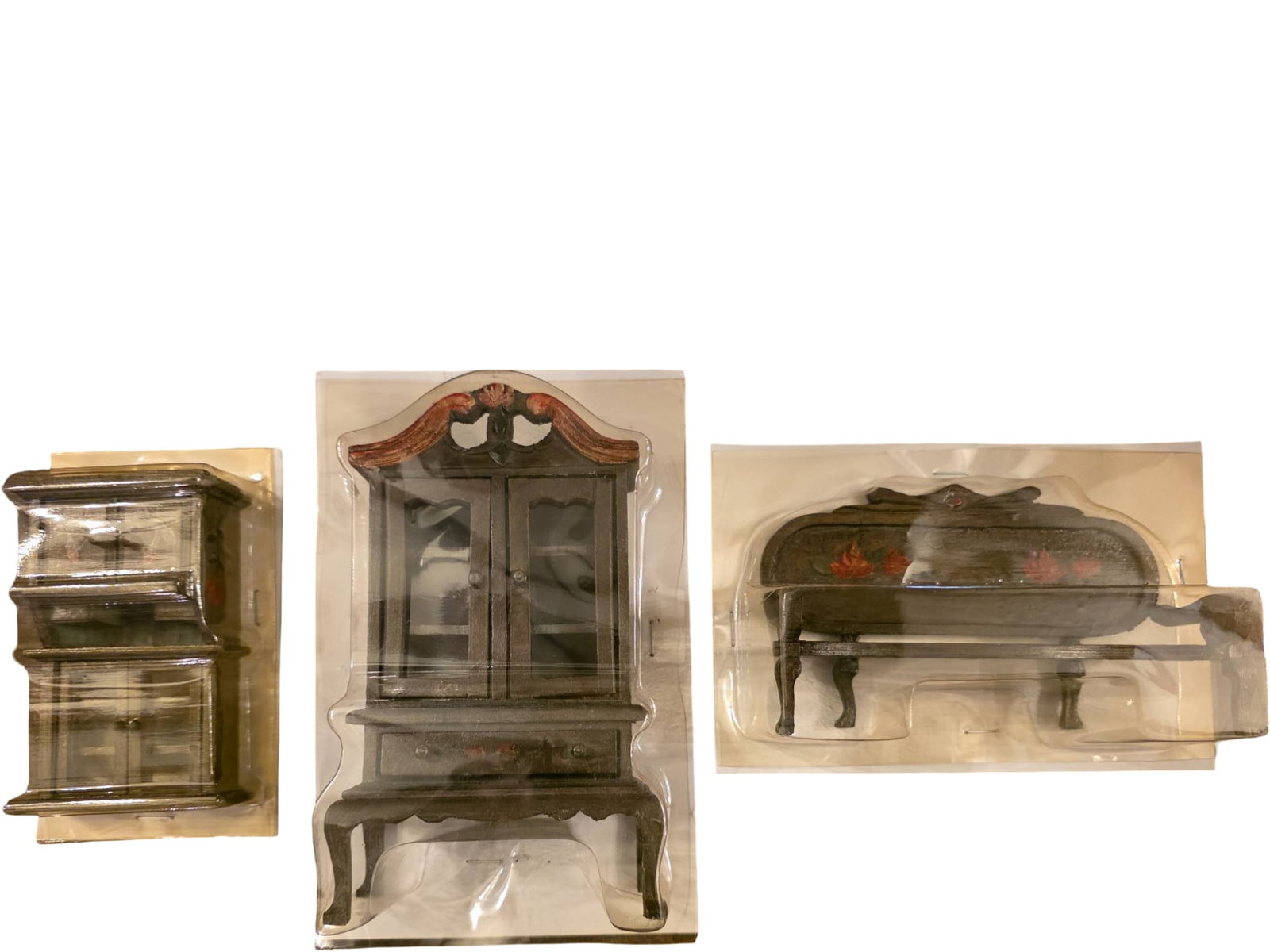 Bears From The Past Miniature Antique-Style Furniture Set: Miniature furniture by Bears From The Past, featuring detailed replicas of antique-style furnishings. Includes a glass-front cabinet, a decorative sideboard with floral accents, and a sofa with