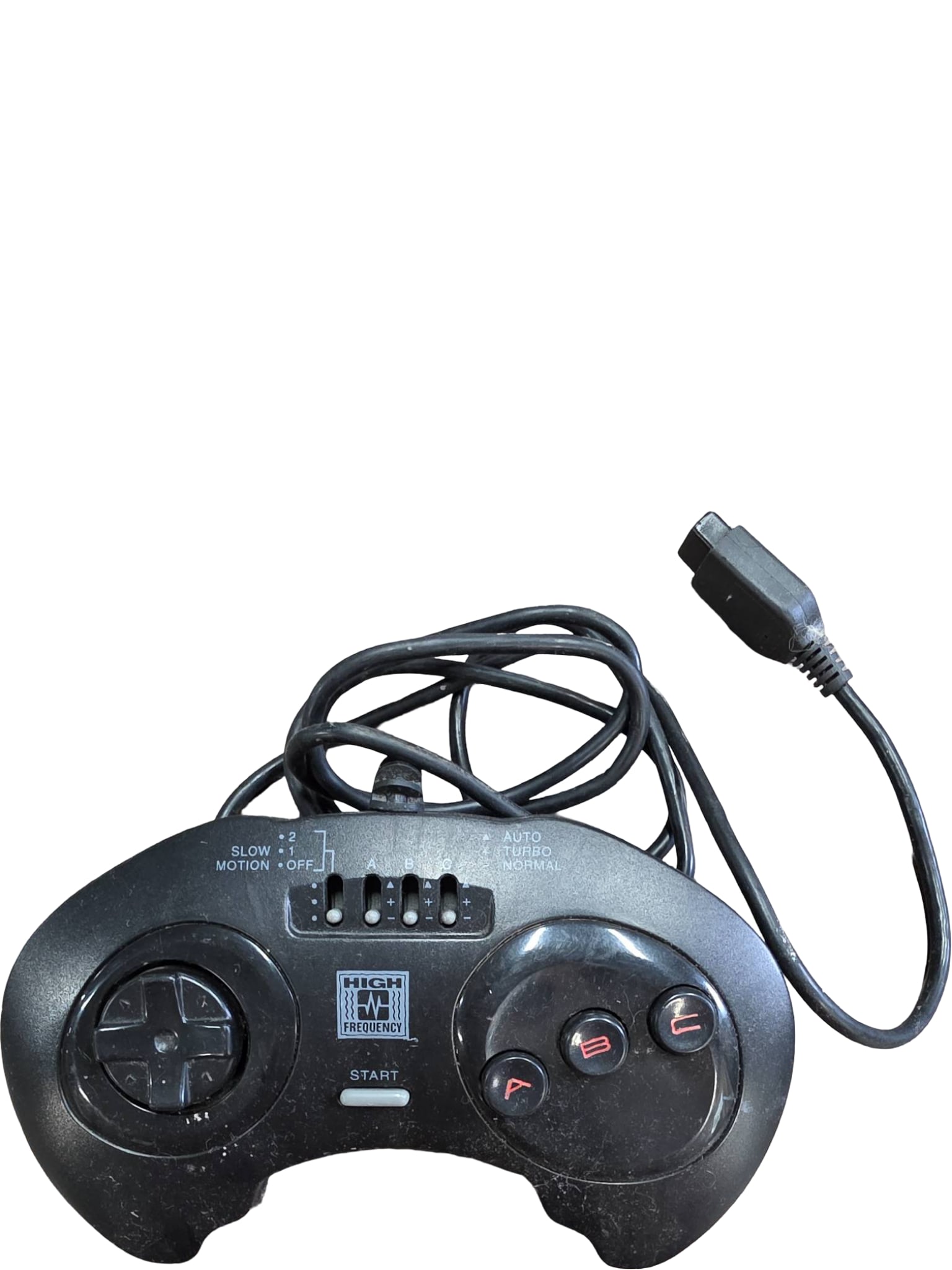Sega Genesis 3-Button Controller with Cable: Sega Genesis wired 3-button controller featuring a D-pad, A, B, and C buttons, as well as a Start button. The controller includes the original connection cable. Light signs of wear present, consistent