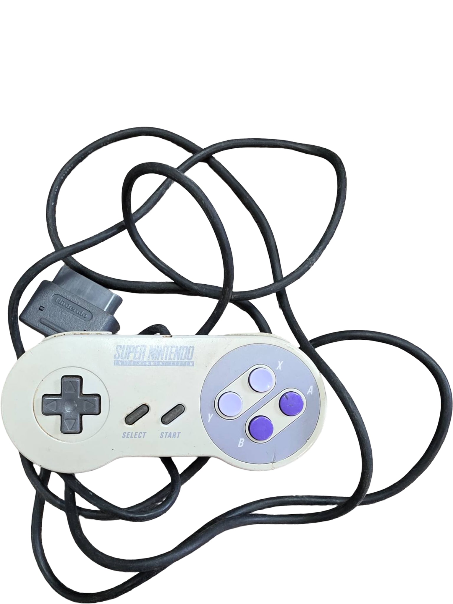 Nintendo Super Nintendo Entertainment System (SNES) Controller: Original wired controller for the Super Nintendo Entertainment System (SNES). Features a gray plastic body, with a D-pad, Select and Start buttons, and A/B/X/Y action buttons. Connector displays 'Nint