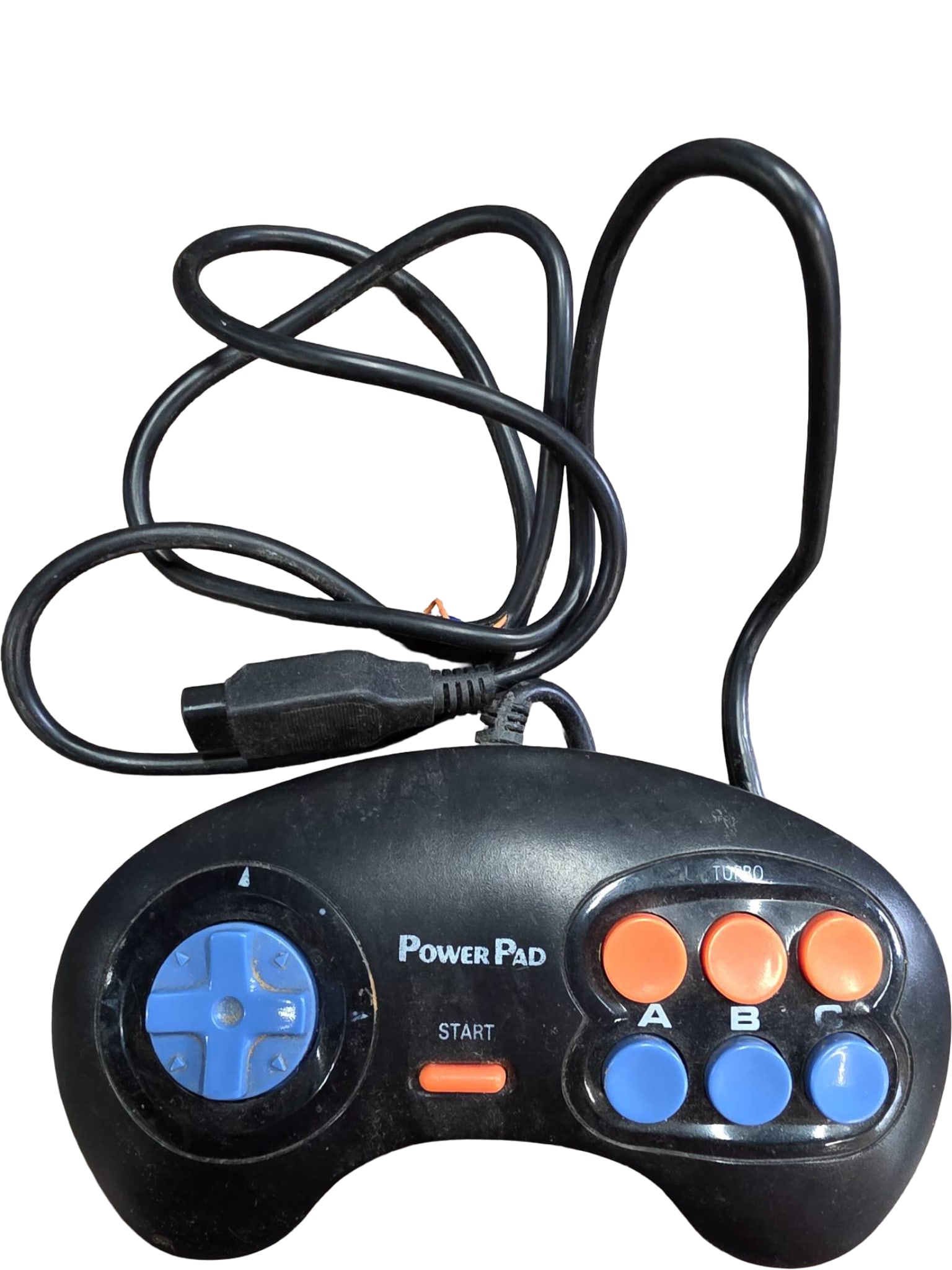 Power Pad Wired Gaming Controller with Turbo Buttons: A vintage-style Power Pad gaming controller featuring a black plastic body with red, blue, and orange buttons. Includes a directional pad, A and B buttons, a Start button, and Turbo functionality. Wir