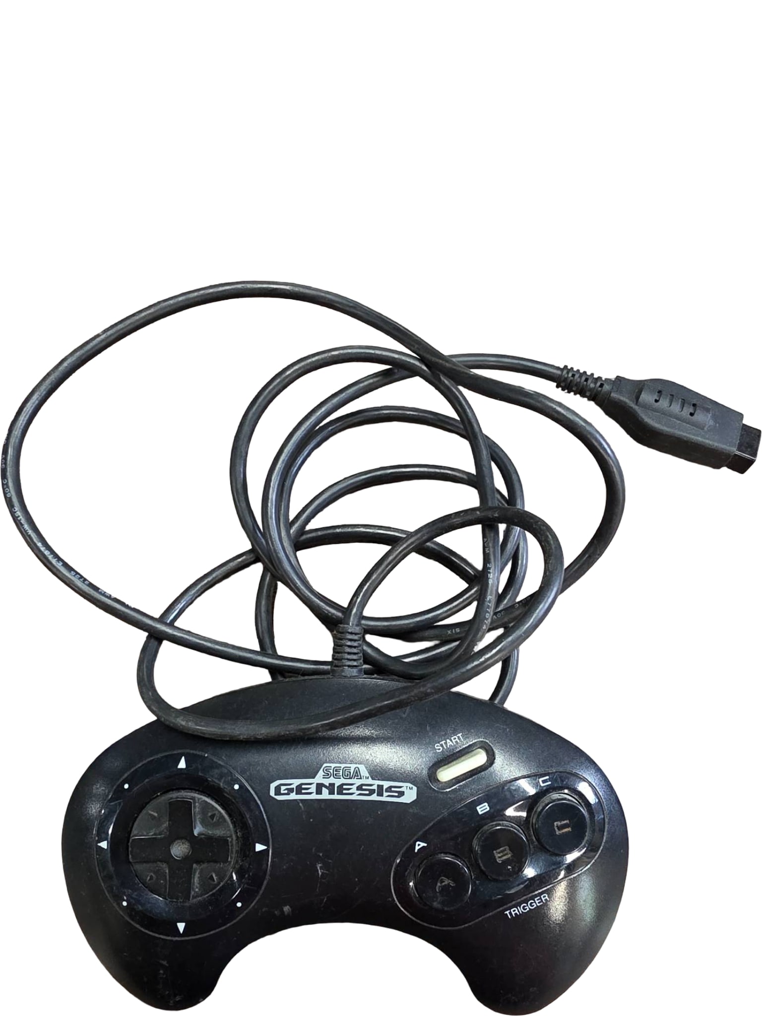 Sega Genesis 3-Button Controller with Wired Connection: Sega Genesis wired controller featuring a 3-button layout with a directional pad, Start button, and labeled A, B, and C buttons. Designed for use with the Sega Genesis gaming console. Shows signs of