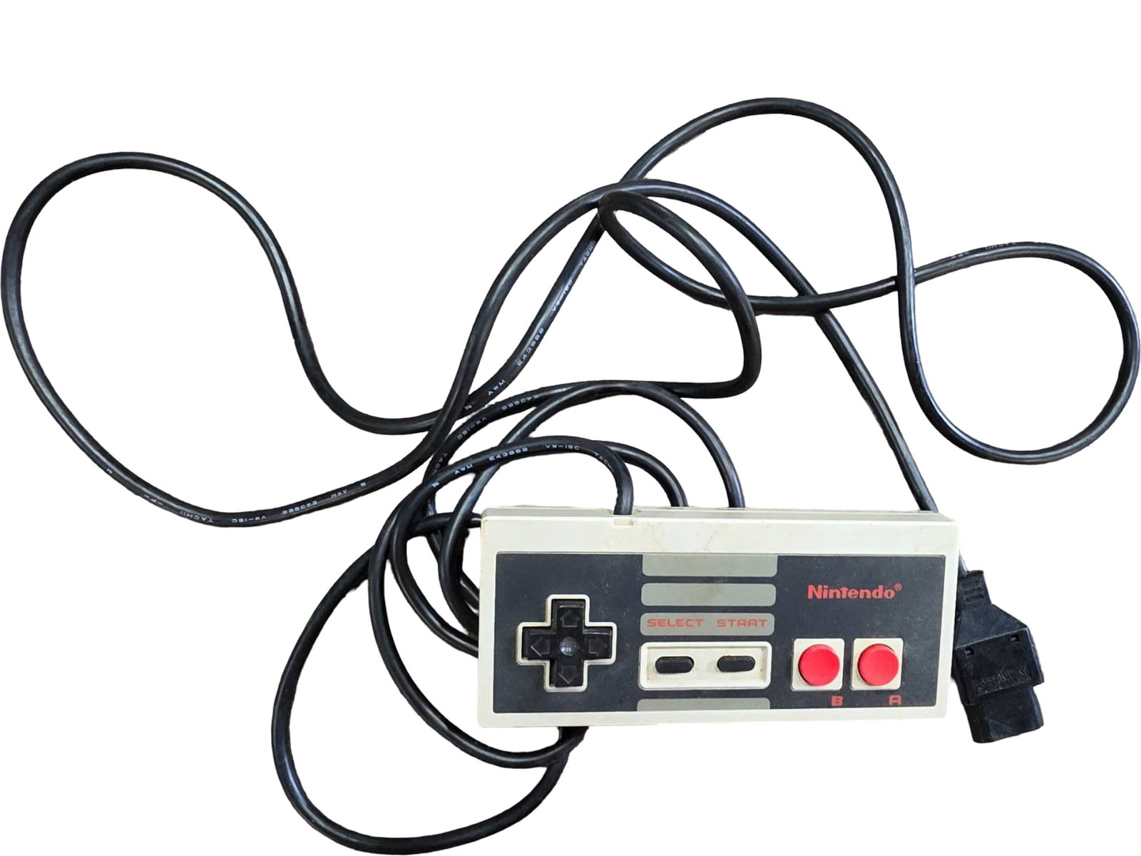 Nintendo Entertainment System (NES) Controller, Model No. NES-004: Original Nintendo Entertainment System (NES) controller, model no. NES-004. Features classic gray and black design with red 'A' and 'B' buttons, a directional D-pad, and 'Select' and 'Start' buttons.