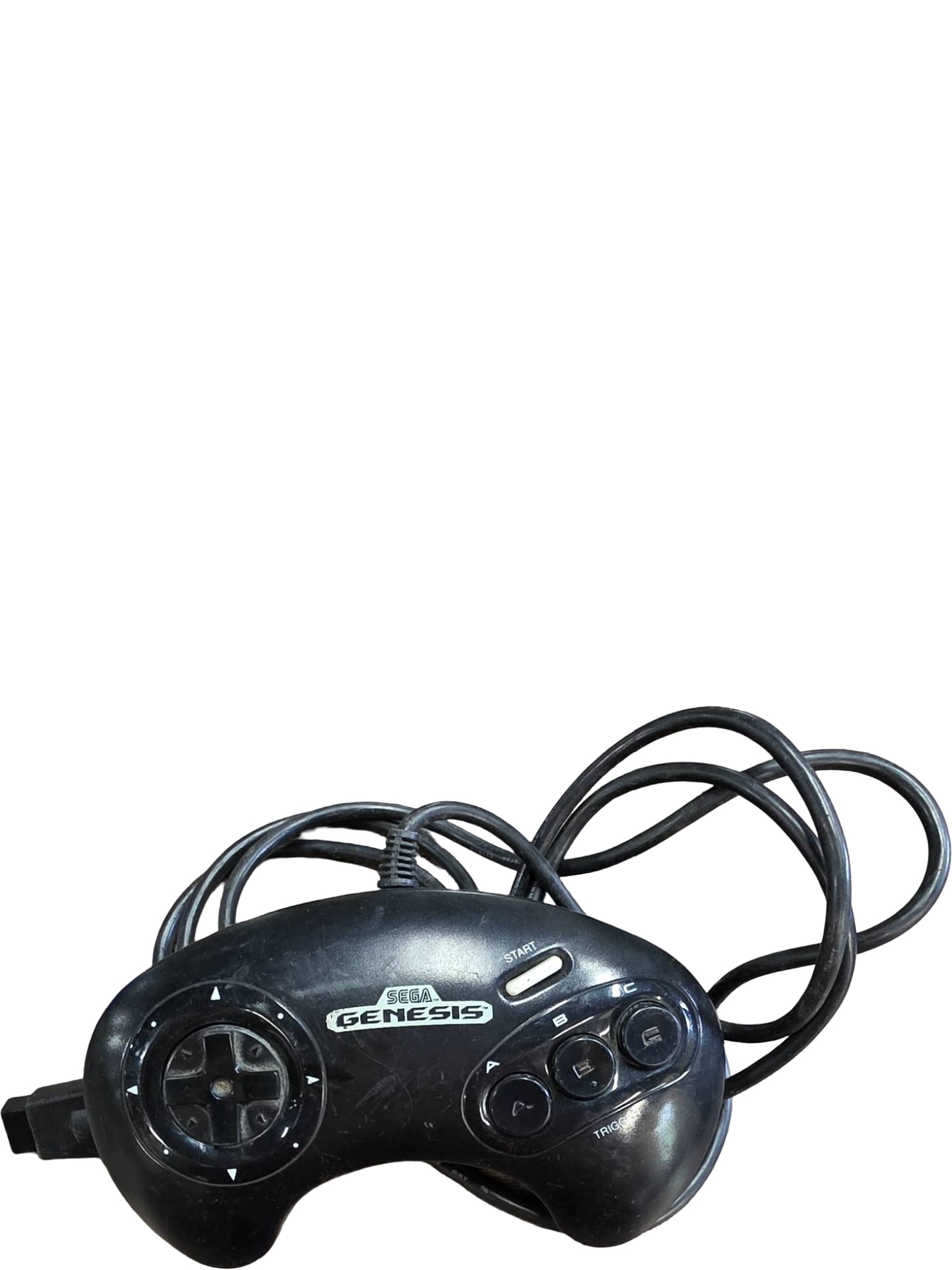 Sega Genesis Model 1650 3-Button Controller: An original Sega Genesis Model 1650 3-button controller featuring a D-pad, three buttons (A, B, C), and a start button. The controller is equipped with a fixed cord and a connector for Sega Genesis