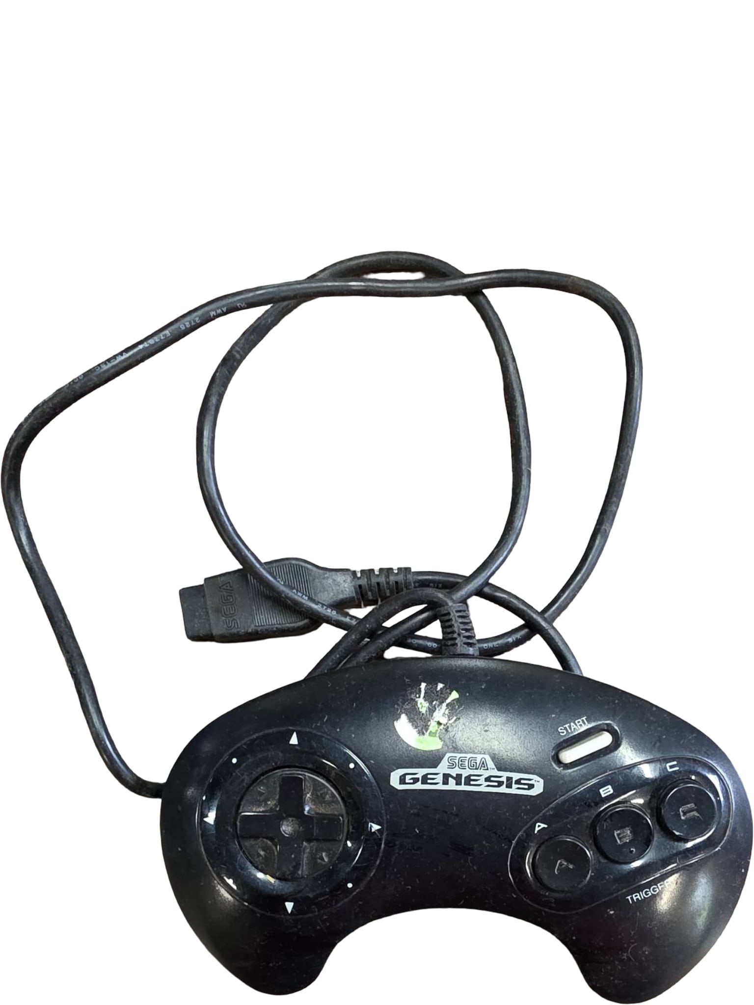 Sega Genesis Controller, Model MK-1650, Wired: Sega Genesis wired controller, Model MK-1650, featuring the standard directional pad, three buttons (A, B, C), and a 'Start' button. Includes an attached cord with a proprietary connector. Visible