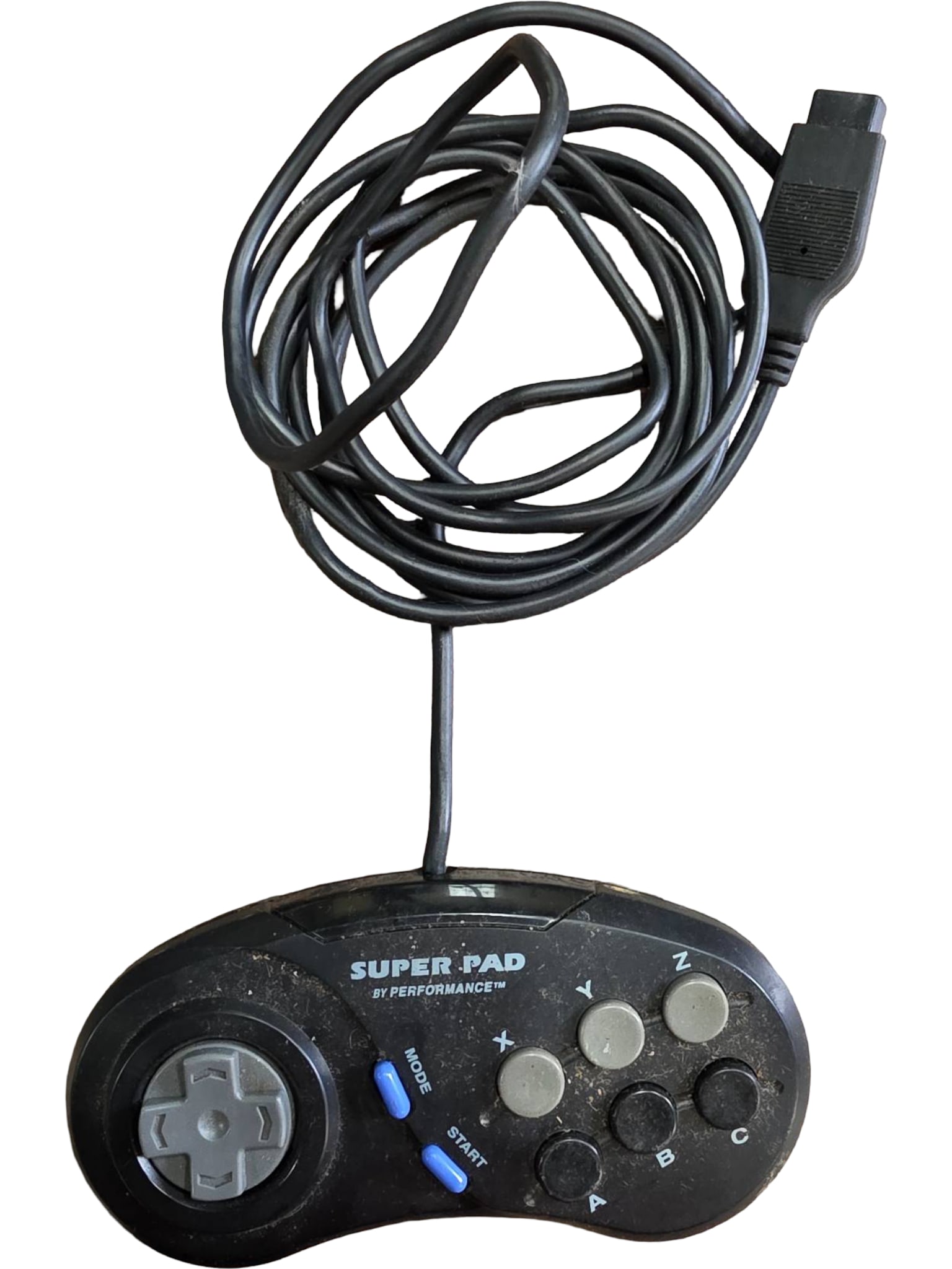 Super Pad Controller for Sega Genesis with Wired Connection: A Super Pad gaming controller designed for the Sega Genesis console. Features a wired connection with a six-button layout (A, B, C, X, Y, Z), a directional pad, and dedicated Mode and Start buttons.