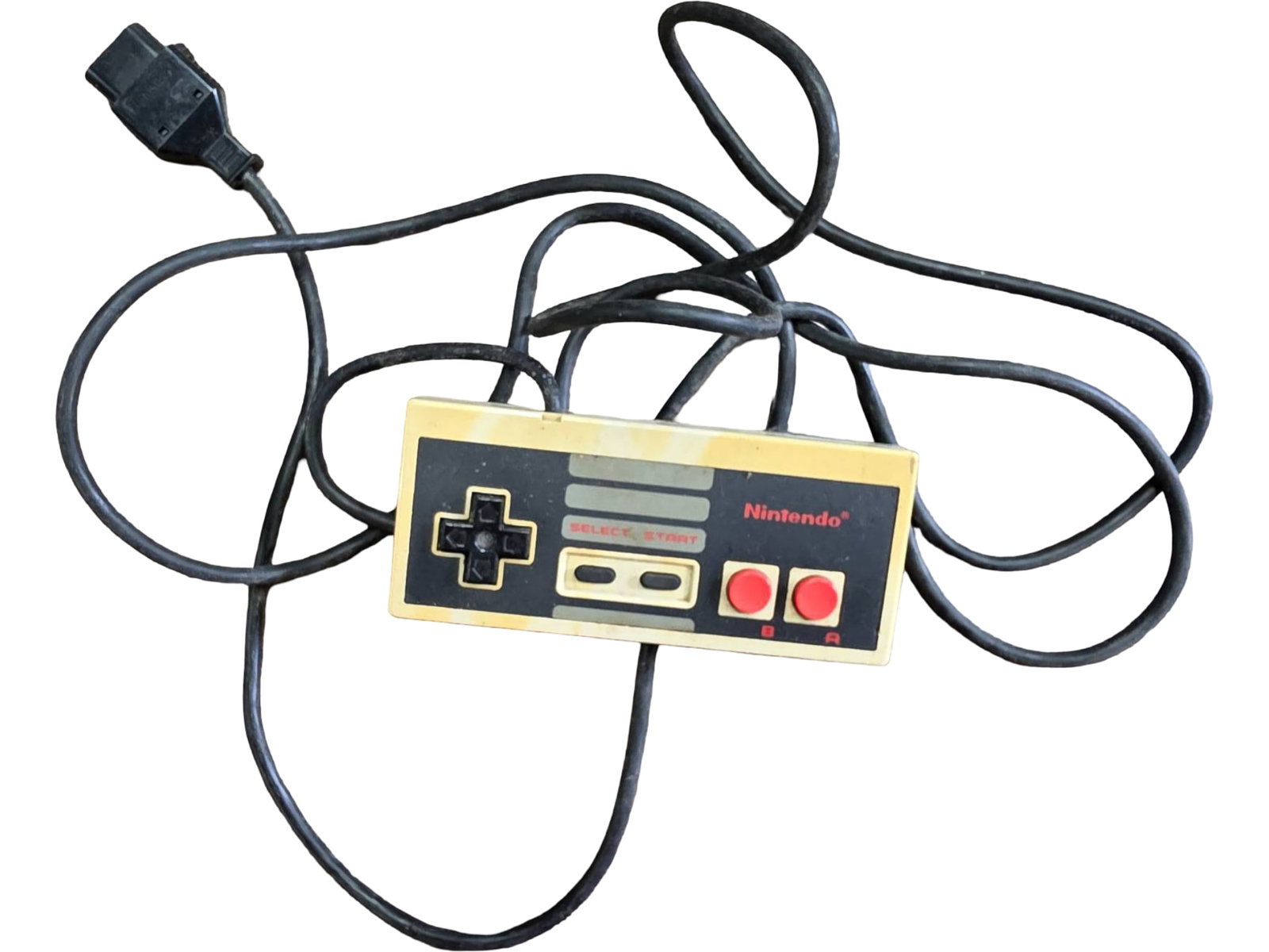Nintendo NES-004 Controller with Original Cable: Nintendo NES-004 controller compatible with the Nintendo Entertainment System (NES). Features include standard directional pad, Select and Start buttons, and red A and B buttons. Marked 'Made in Japan