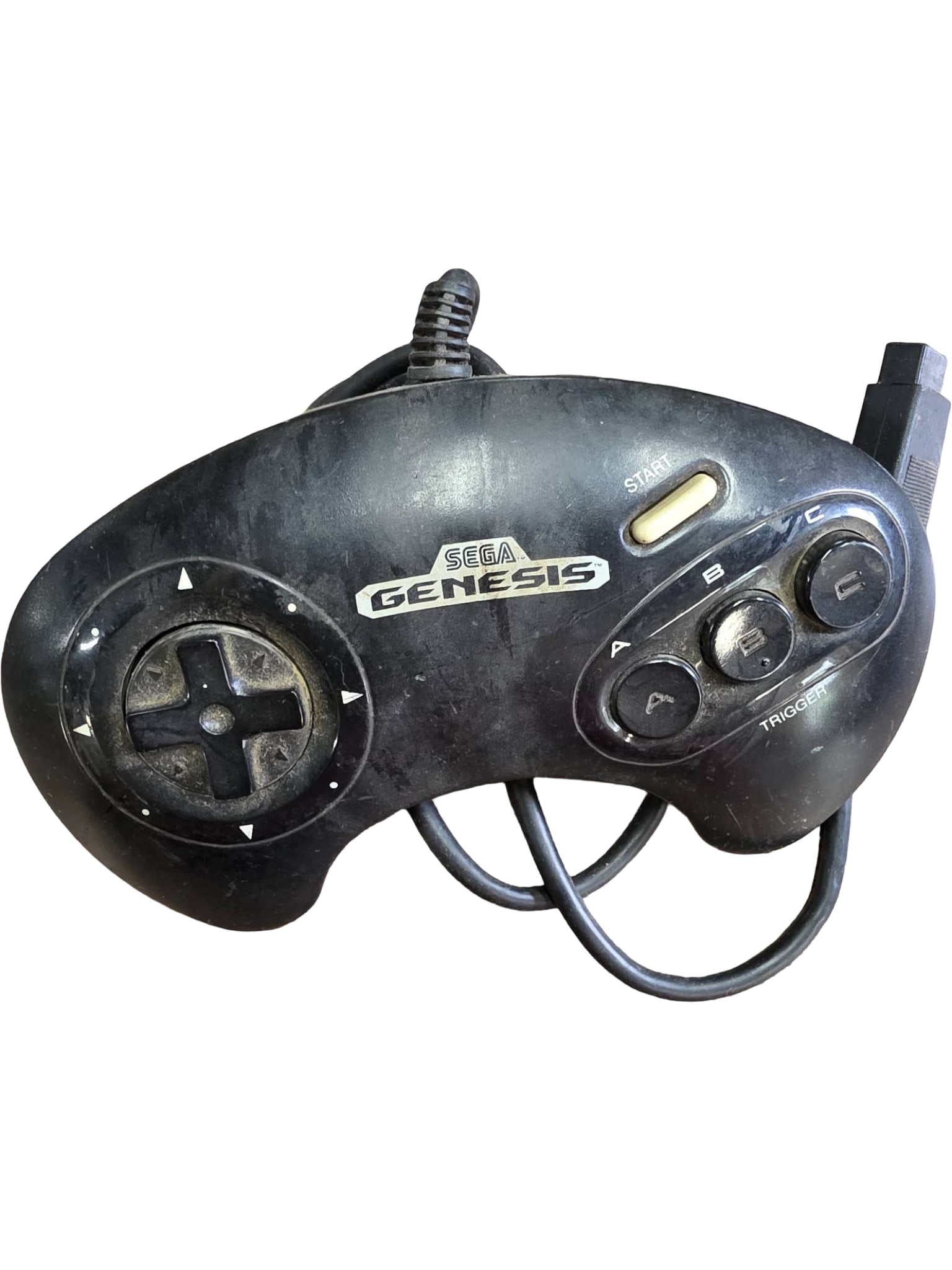 Sega Genesis Model 1650 Controller with Wired Connection: Official Sega Genesis controller, model number 1650, with wired connection. Features include a D-pad, start button, and A, B, and C action buttons. The back shows engraved branding details, noting