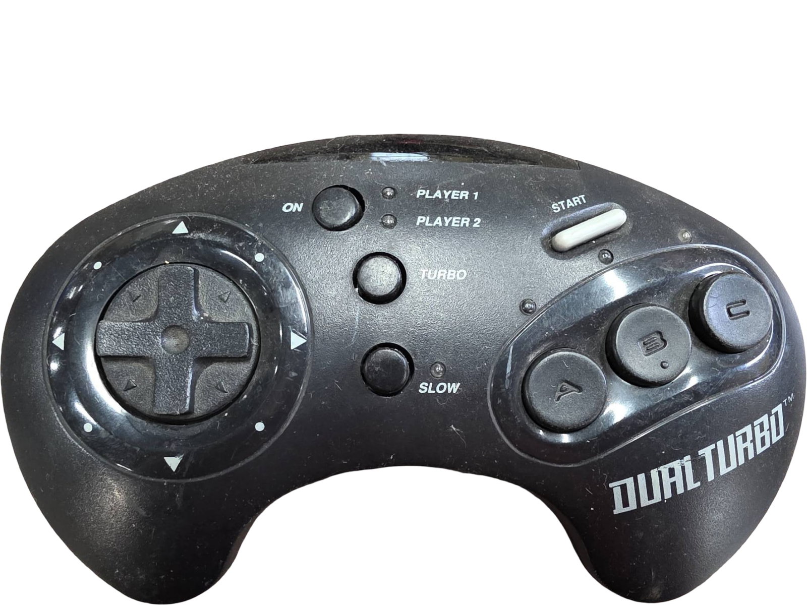 Total Control Wireless Controller for Sega Genesis: Total Control-branded wireless controller designed for use with the Sega Genesis gaming console. Features a D-pad, six buttons, and toggles for player selection and speed options. Battery compartment
