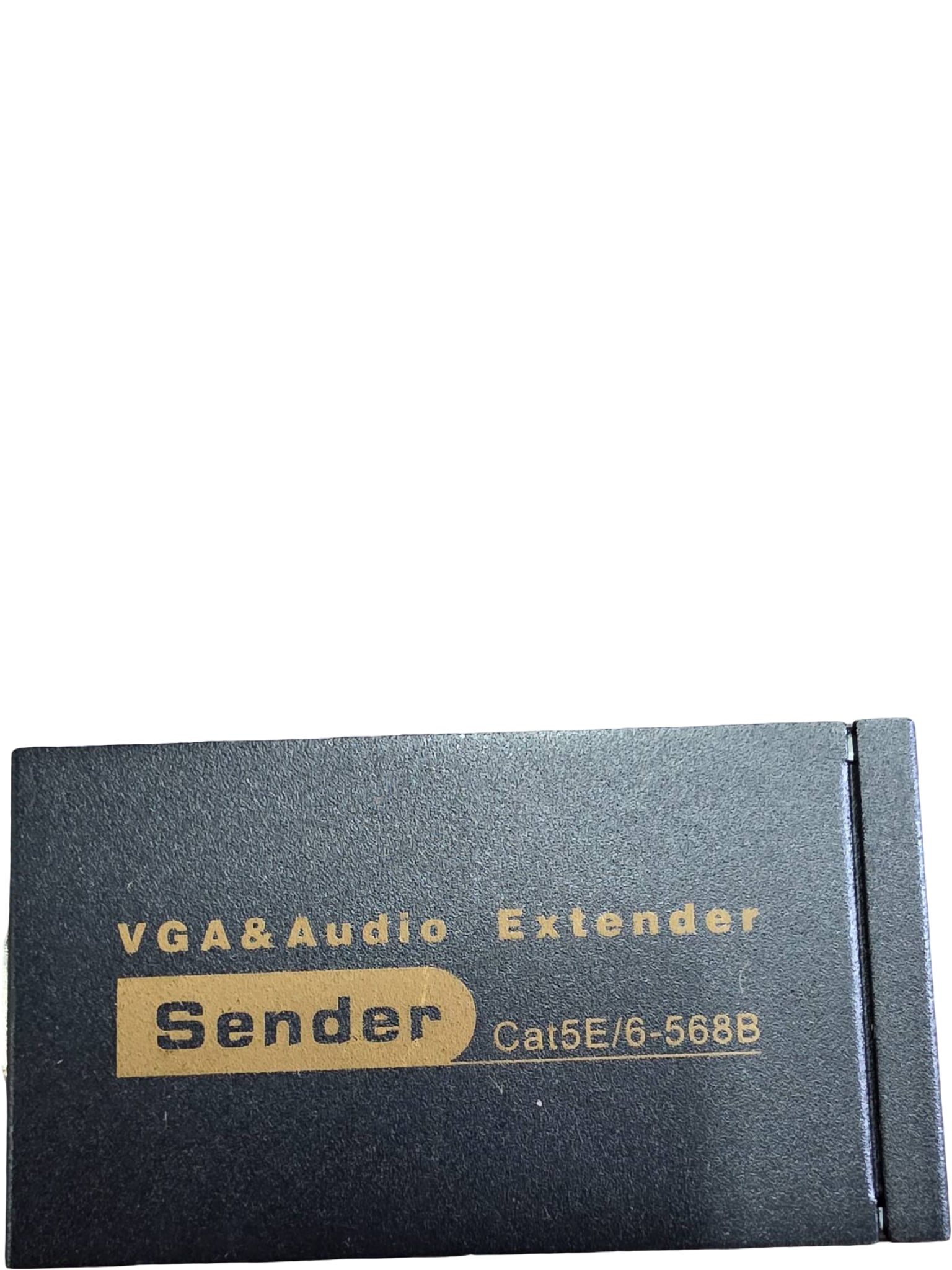 VGA and Audio Extender Sender Box, Model Cat5E/6-568B: A VGA and audio extender sender module designed to transmit VGA video and audio signals over Cat5E/6 cables. Features include a DC 5V power input, a 3.5mm audio jack, an RJ45 output, and a VGA input