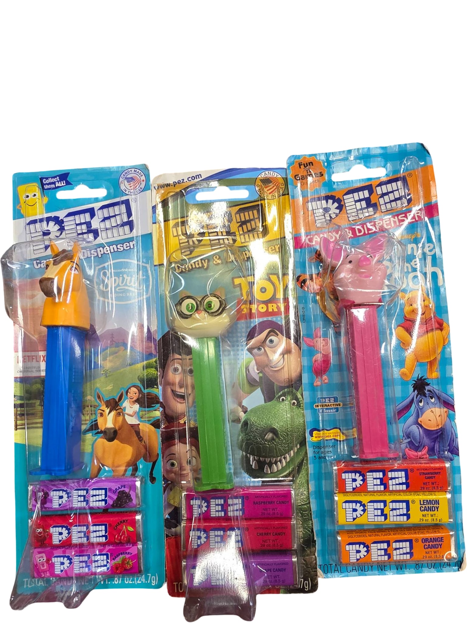 Three PEZ Dispensers Featuring Spirit, Piglet, and PEZ Cat in Original Packaging (1 of 1)
