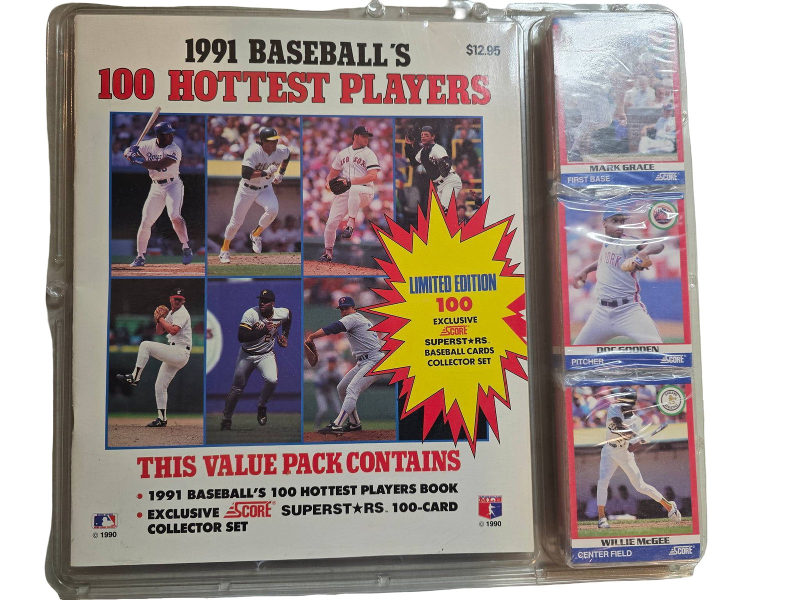 1991 Baseball’s 100 Hottest Players Value Pack by Score: Sealed 1991 Baseball’s 100 Hottest Players Value Pack by Score. Includes an exclusive 100-card collector set of MLB player cards and a full-color book. The set is sealed in its original packaging an