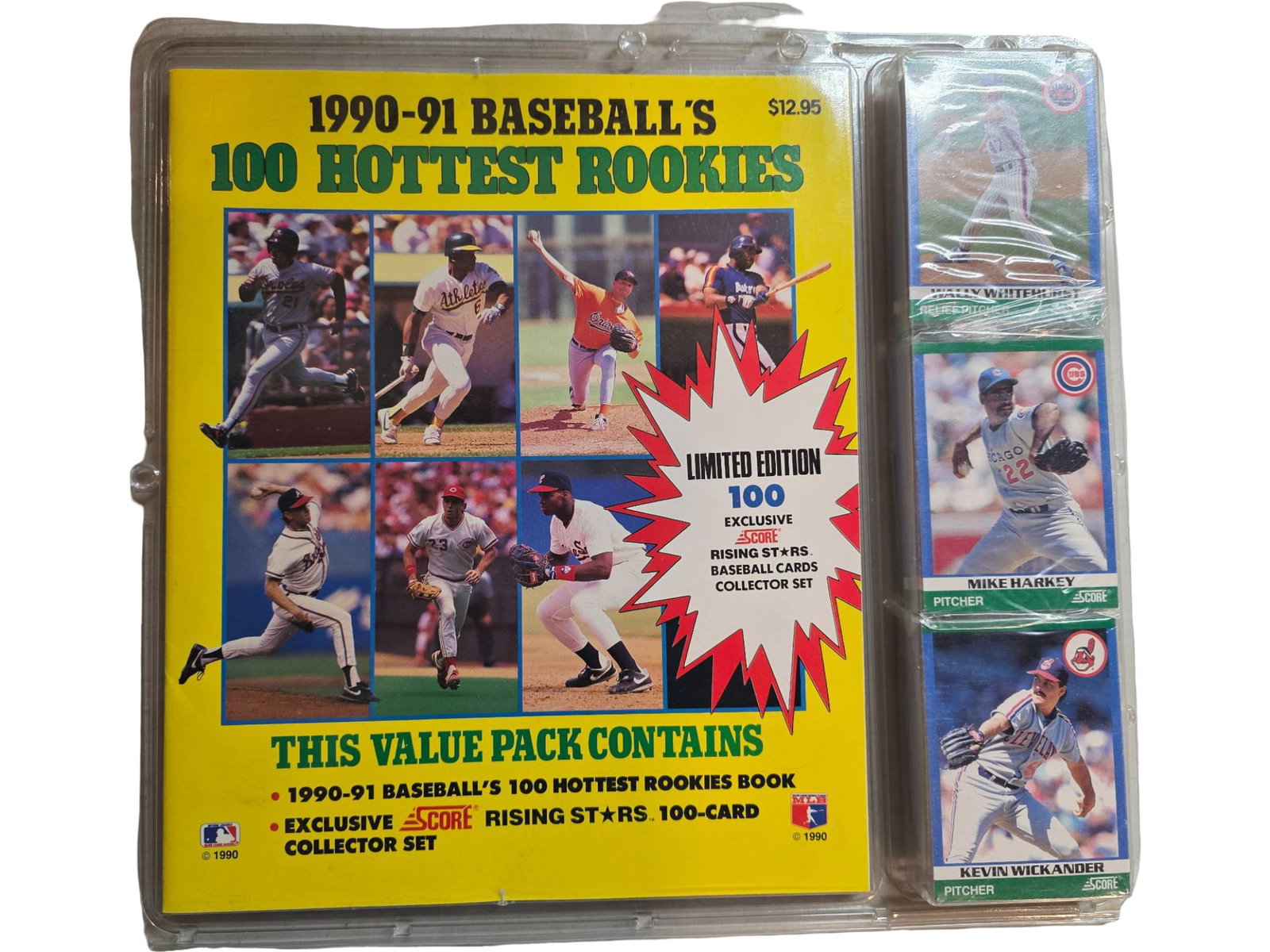 1990-91 Baseball’s 100 Hottest Rookies Limited Edition Value Pack: 1990-91 Baseball’s 100 Hottest Rookies value pack, including a full-color guidebook and 100 exclusive Score Rising Stars baseball cards in a factory-sealed collector set. Features rookie cards such 