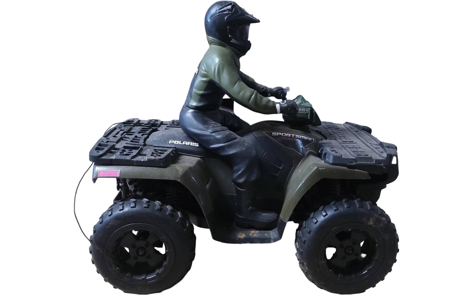 Remote-Control All-Terrain Vehicle with Rider Figure: A remote-control all-terrain vehicle (ATV) with an attached rider figure. Features large treaded tires, rugged plastic construction, and a detailed rider figure wearing a green jacket and helmet. Appr