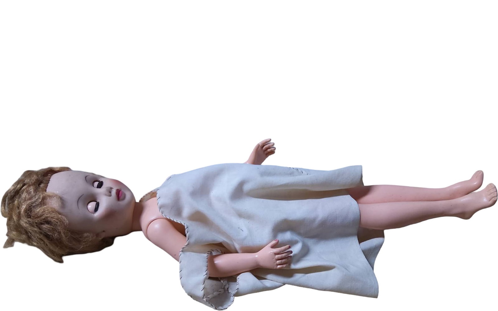 Plastic Doll with Blonde Hair and White Fabric Dress (1 of 4)