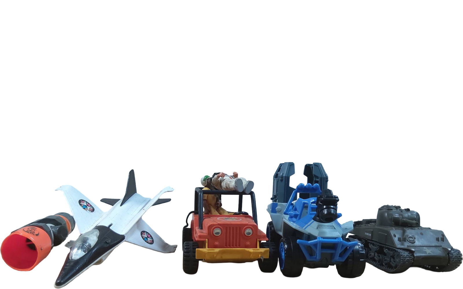 Toy Vehicles, Figures, and Nerf Attachment: Includes a white and black plastic jet with decals, an orange plastic jeep with yellow details and rope accessory, a blue and gray rugged vehicle with a detachable cage, a gray military-style tank mar