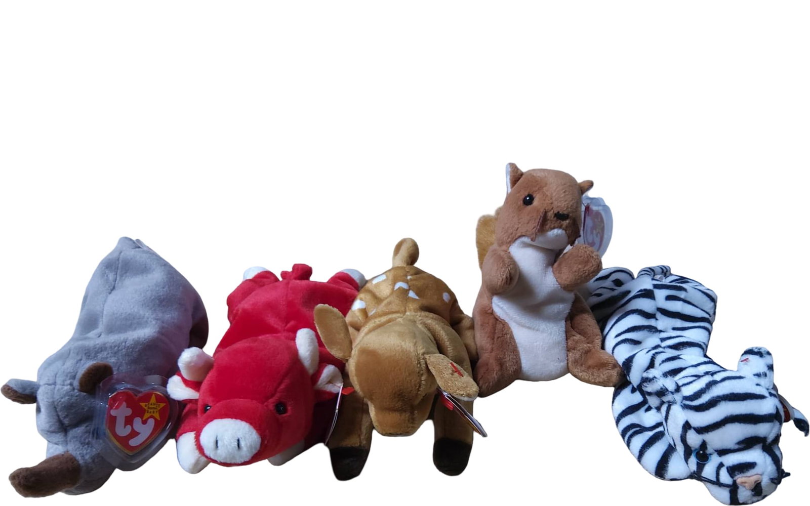 5 Ty Beanie Babies Plush Animal Toys with Tags: 5 Ty Beanie Babies plush toys, each featuring an animal design: rhinoceros, bull, deer, squirrel, and zebra. Each retains the original heart-shaped tag, and the items appear to be in gently used condi