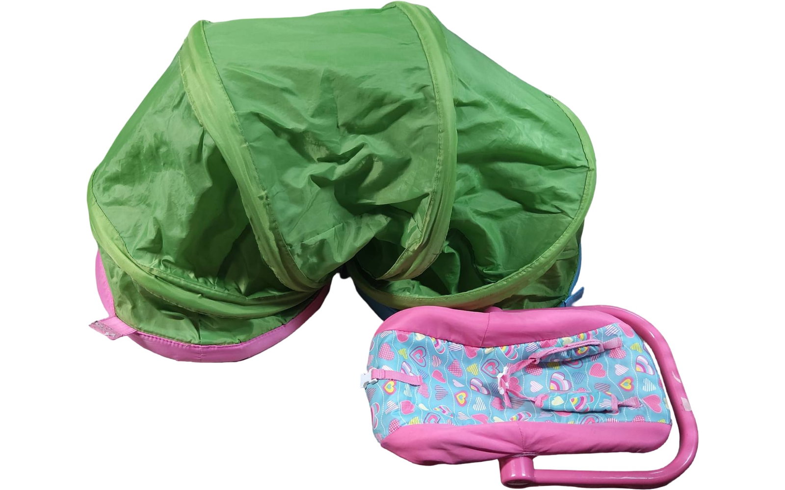 Green Foldable Play Tunnel and Pink Fabric Doll Carrier (1 of 4)