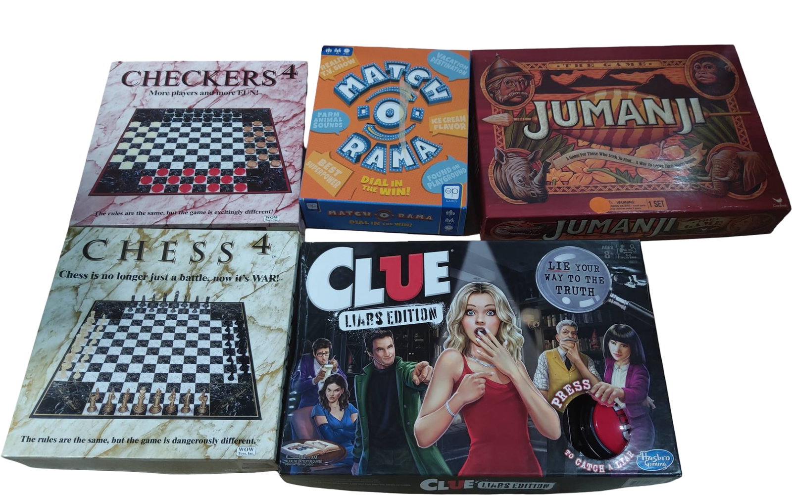 Board Games Including ‘Clue: Liars Edition,’ ‘Jumanji,’ ‘Chess 4,’ ‘Checkers 4,’ and (1 of 6)