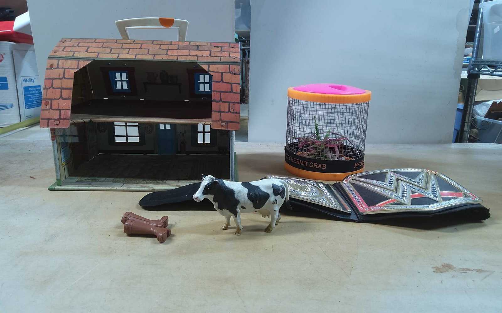 Group Lot Featuring Tin Dollhouse, WWE Replica Belt, Hermit Crab Habitat, and Toy Figures: A metal dollhouse with a barn-style design and printed details, a WWE-style plastic championship belt, a hermit crab habitat with mesh cage and decorative elements, and two small plastic figures (a co